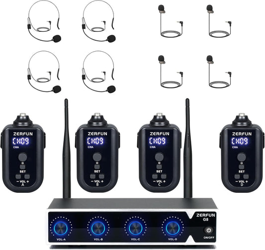 4 Channel Rechargeable Wireless Microphone System, Pro UHF Metal Headset Lavalier Lapel Cordless Mics Handheld for Karaoke Singing Church with VOL Control, 4x50 Adjustable Frequency(G8)