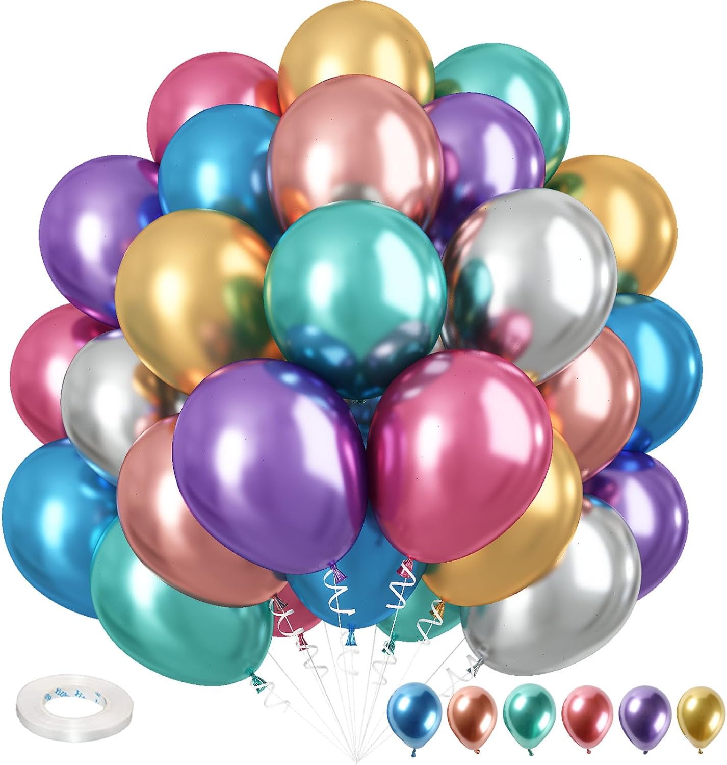 Metallic Balloons, 12 Inch Rainbow Chrome Balloons, 35Pcs Assorted Colors Multicolor Metallic Purple Red Green Blue Silver Rose Gold Latex Balloons for Kids Birthday Wedding Carnival Party Decorations