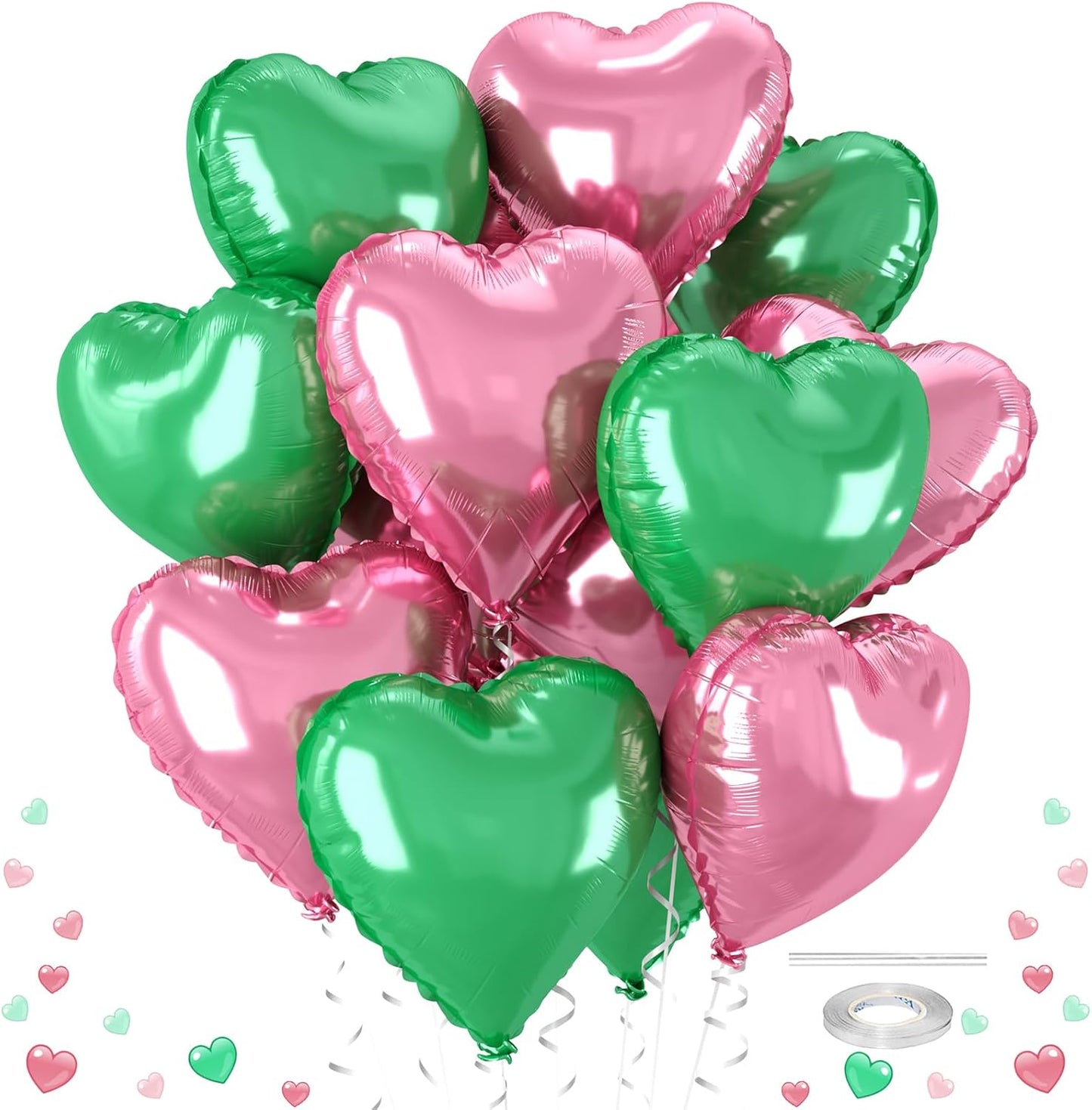 12 Pcs Heart Balloons, 18 inch Pink Green Heart Shaped Balloon, Big Helium Foil Pink Green Balloons for Wedding Baby Shower Anniversary Backdrop Valentine Witch Theme Party Decorations