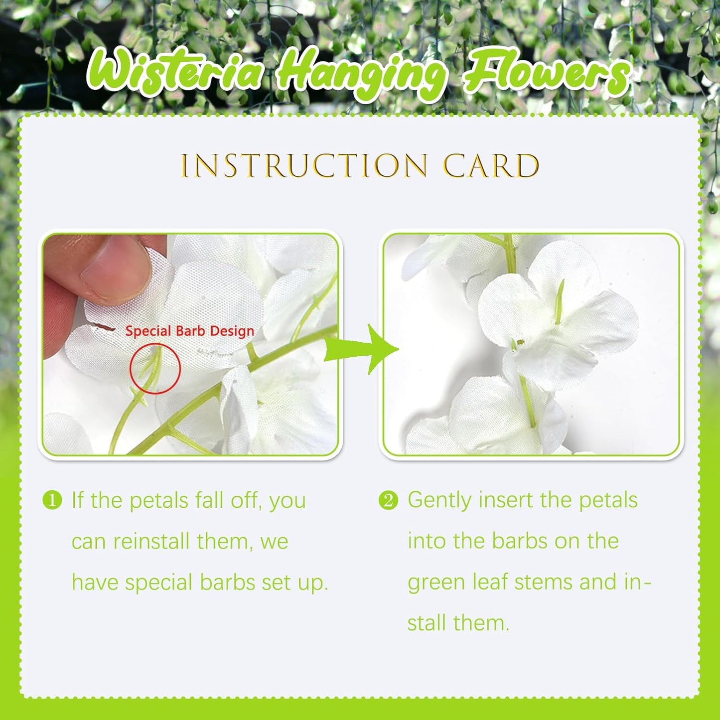 12 Pack Green Wisteria Hanging Flowers, 3.44 Ft Fake Hanging Flowers, Artificial Wisteria Garland Vines for Wedding Room Backdrop Outdoor Patio Garden Decoration