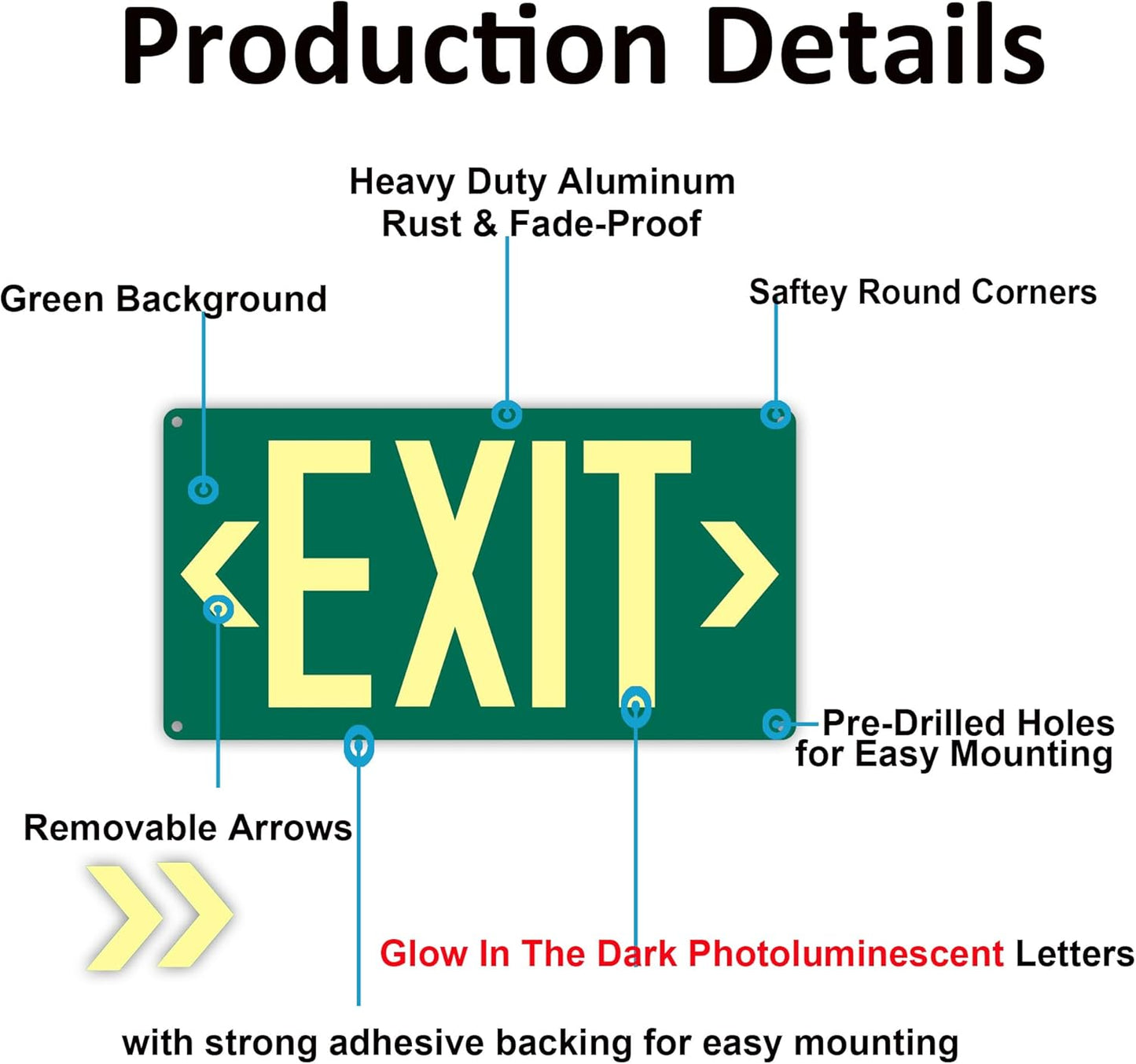 2Pack Photoluminescent Exit Sign Green - 14.25"x 7.5" Aluminum Glow In The Dark- Adhesive Backing- Includes 4pcs Removable Arrows