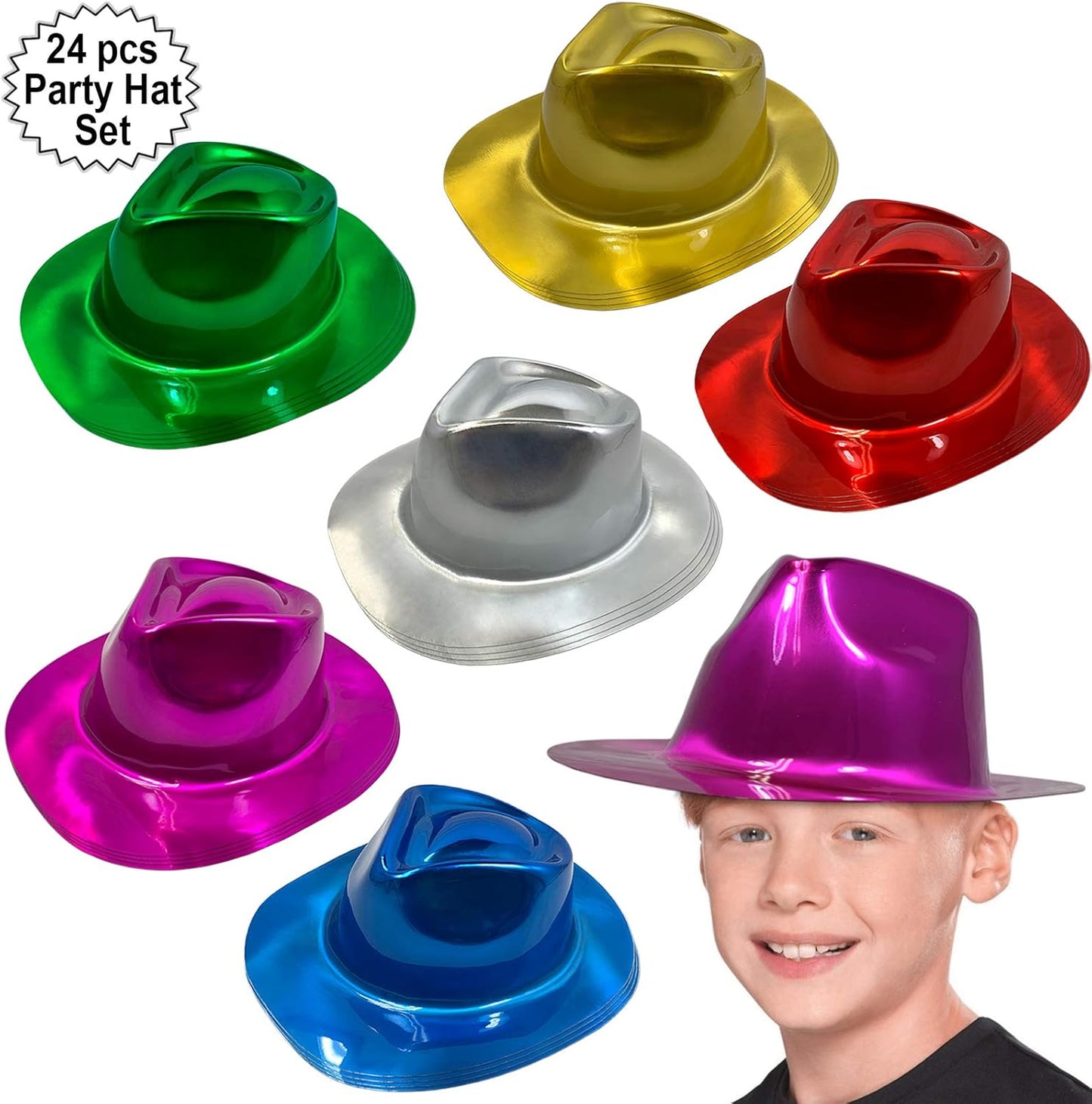 AnapoliZ Party Gangster Hats 24 pcs | New Year’s Celebration Hats | Metallic Colors Assorted | Plastic Fedora Party Hats for Kids, Adults | Costume, Dress Up, Photo Booth, Happy New Year Parties