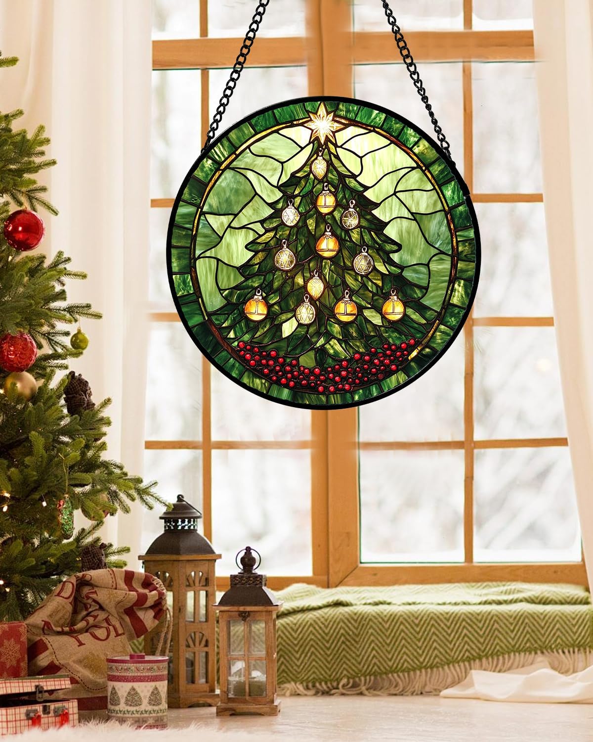 Stained Glass Window Hanging - Green Christmas Tree Golden Bells Suncatcher for Doors Home Christmas Decoration Sun Catcher Thanksgiving New Year Birthday Gift for Women Men Mom Nana 7.8 in