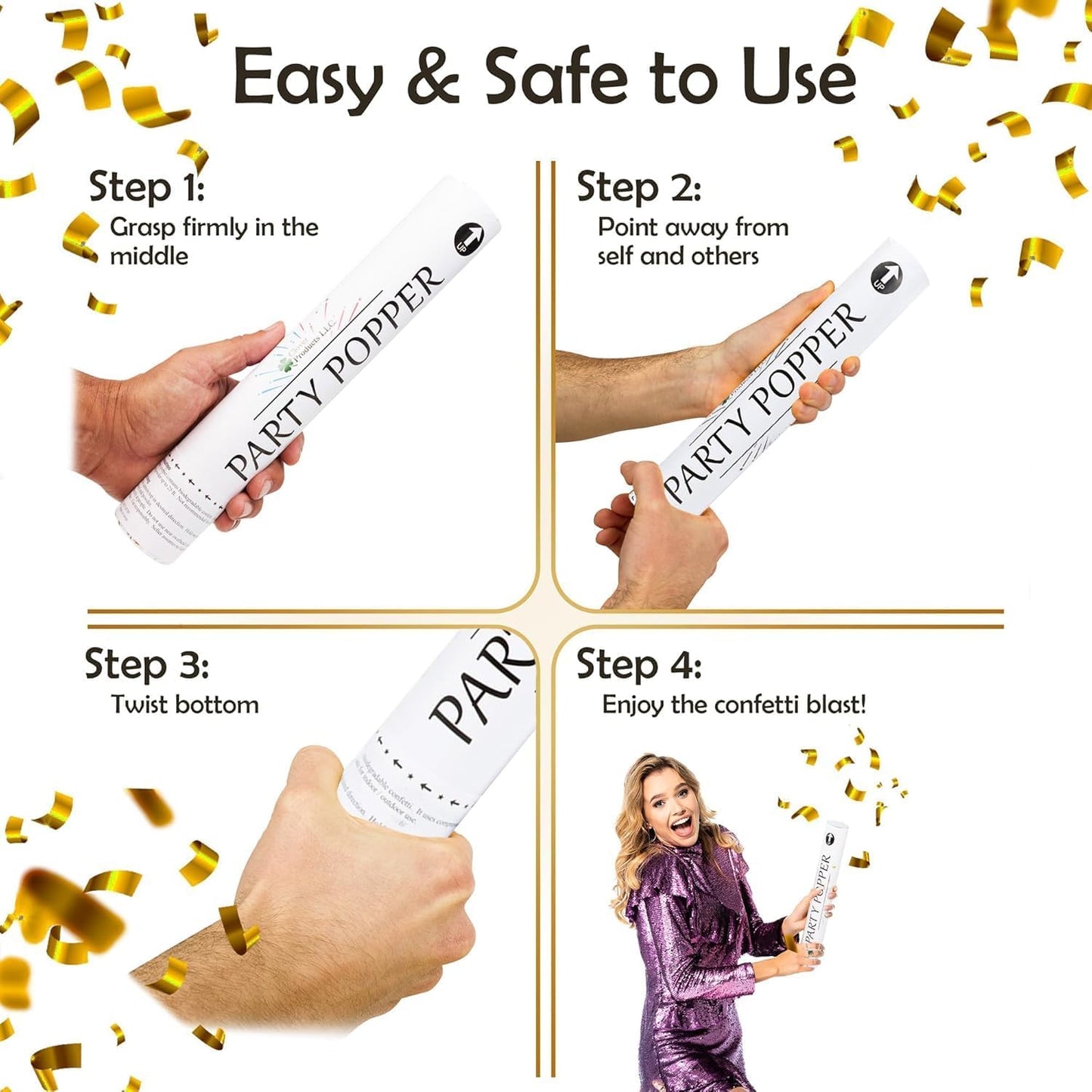 Confetti Cannons 12" – 6 Pack Gold Mylar Confetti Poppers | Party Poppers for Weddings, Birthdays, Graduations & Events | Air-Powered, Safe & Easy to Use | Shoots 25 Feet Indoor & Outdoor