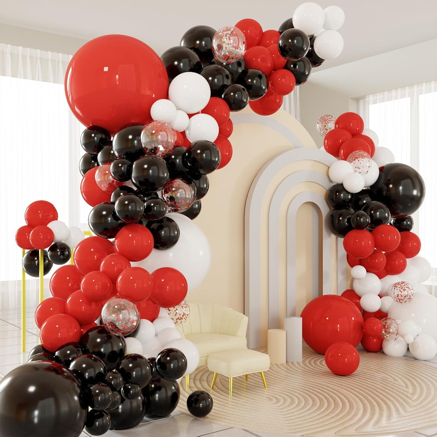 Red White Black Balloons Arch Kit, 124pcs Black White Red Confetti Balloons with 16ft Tape Strip & Dot Glue for Graduation Birthday Baby Shower Wedding Party Decorations