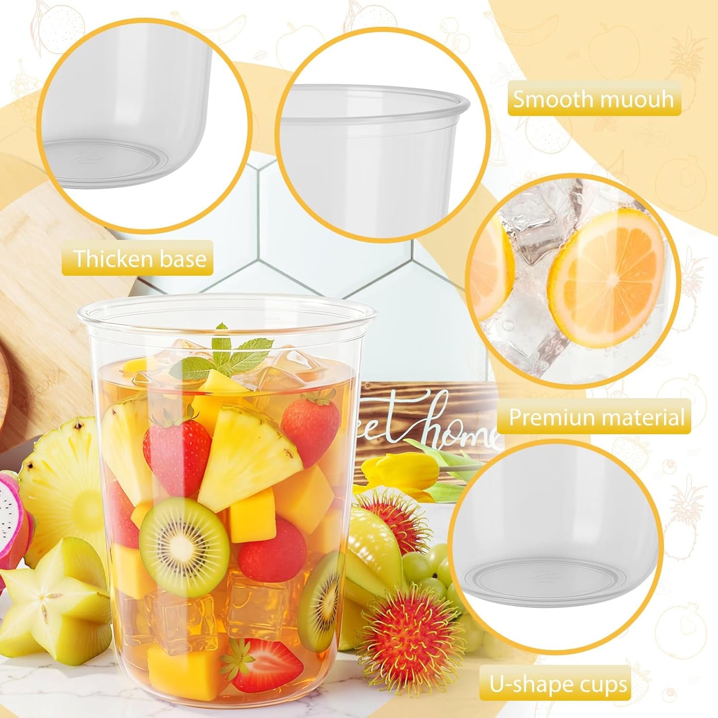 60 Pcs Disposable Stemless Clear Glasses 16 oz NATURAL Arc Crystal Plastic wine glasses Clear Classic Pet Cup for Meeting Weddings Birthdays Cocktail Christmas Party Supplies