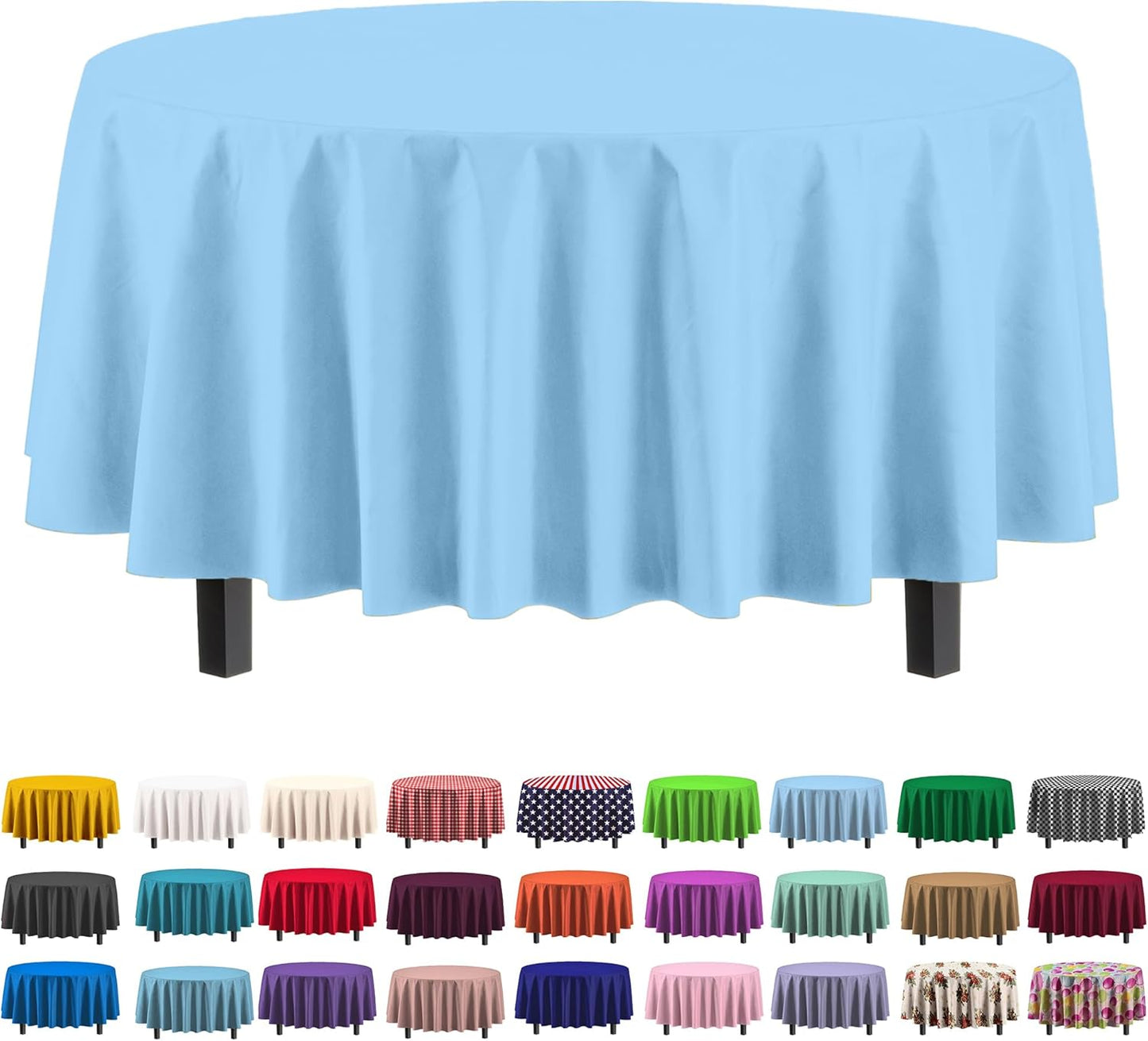 Party Solids 12-Pack Premium Plastic Tablecloth 84in. Round Table Cover - Light Blue