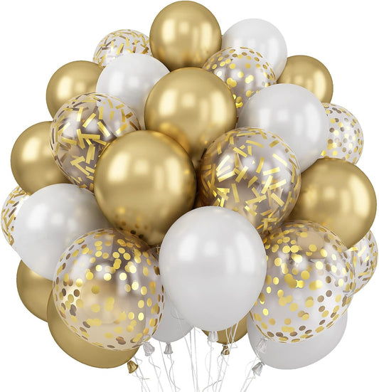 Balloons White and Gold, 60 Packs 12 Inch Metallic Gold Balloons Pearl White Latex Balloon Gold Confetti Balloon for Birthday Parties, Weddings, Anniversaries, Baby Shower Party Decorations