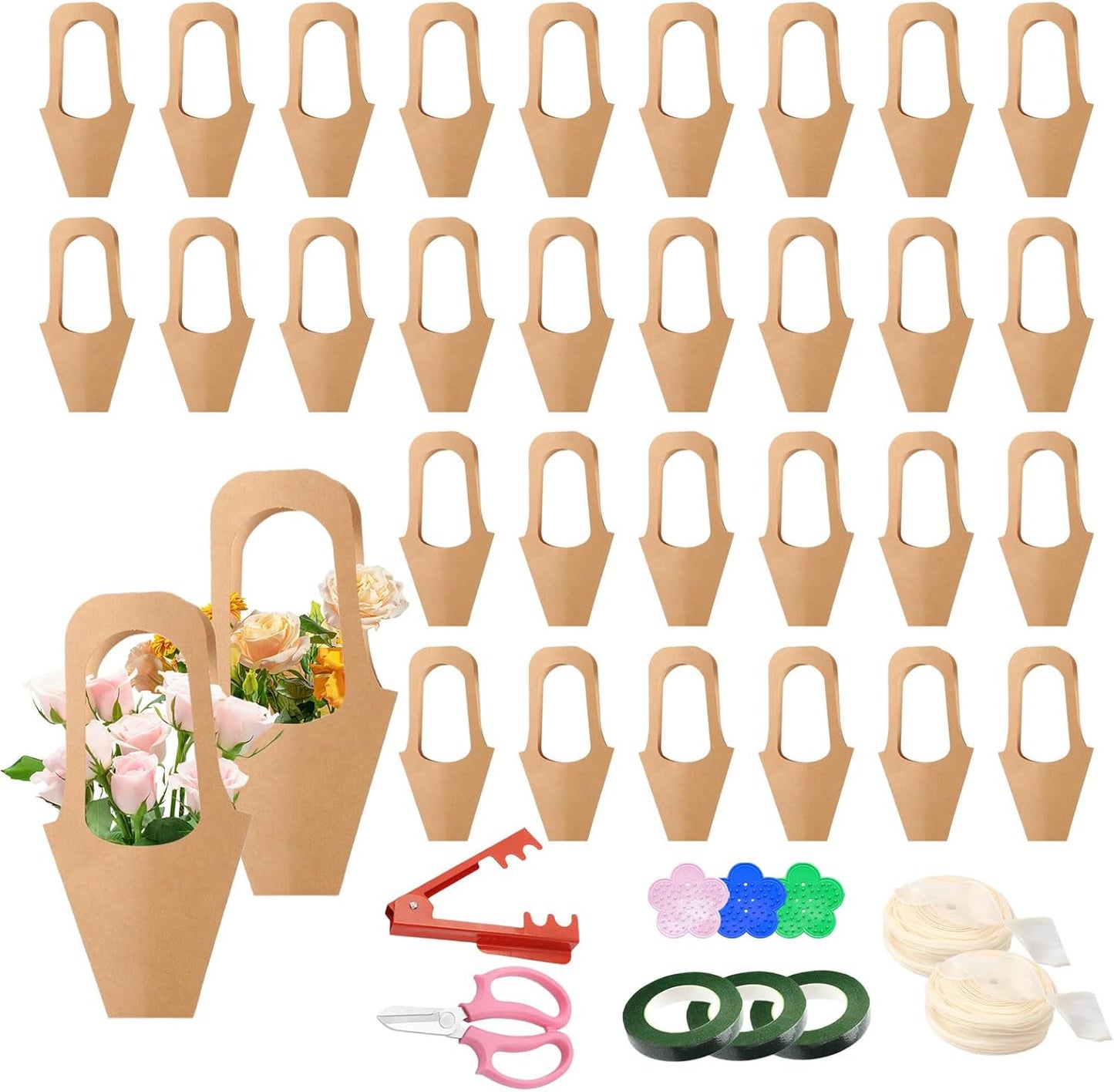 50Pcs 16.5" Kraft Paper Bouquet Bags with Handle, Florist Gift Wrapping Supplies Kit Includes Decorative Lace Ribbon, Floral Tape, Shears for Flower Arranging, Wedding, Party Decor