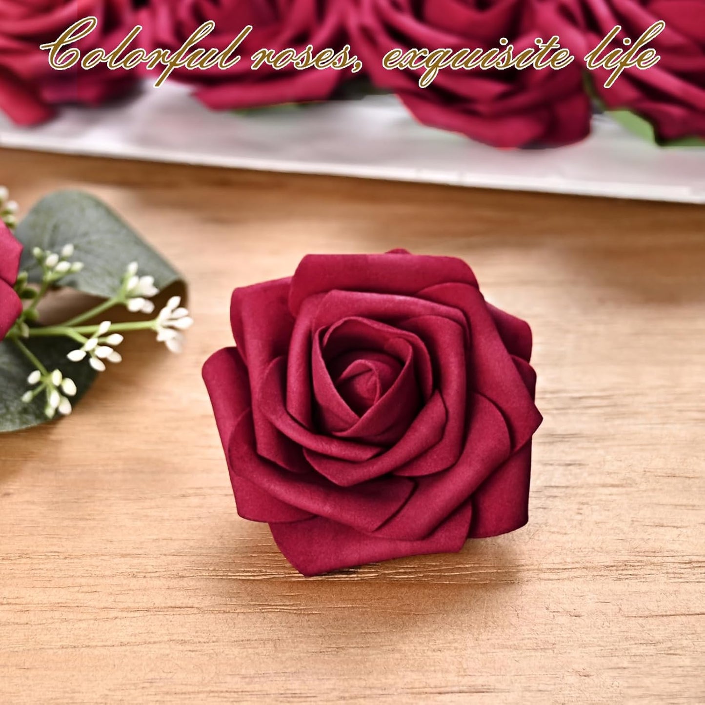 BLEUM CADE 16Pcs Artificial Flowers Fake Roses with Stems, Burgundy Boxed Foam Roses for DIY Bouquets Centerpieces Wedding Party Arrangement Bridal Shower Decor