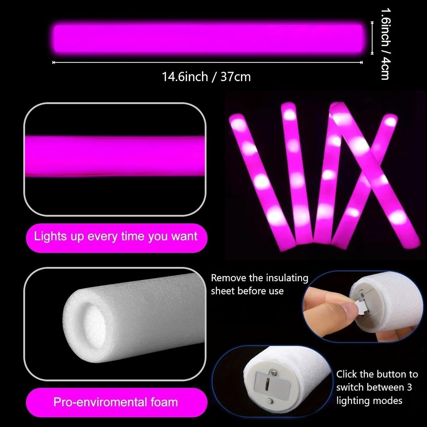 Glow Foam Sticks Bulk, 24 Pcs Pink Giant LED Light Up Sticks 3 Modes Flashing Glowing Baton Wands Party Supplies for Wedding, Raves,Concert,Birthday,Christmas, Halloween,Sporting Events