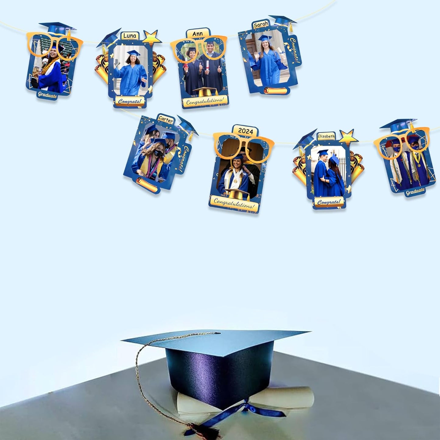 pinkblume Graduation Party Decorations Navy Blue and Gold Grad Photo Banner Royal Blue Gold Congrats Grad Photograph Bunting Garland for 2025 Graduation Celebration Party Decorations Supplies