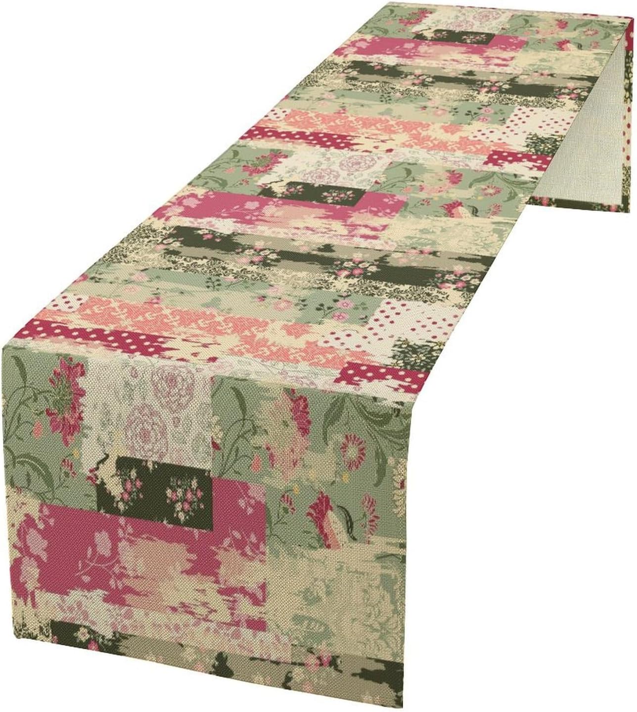 Patchwork Flower Table Runner,Abstract Colorful Floral Retro Style Hand Drawn Tablecloth Burlap for Hotel Indoors Outdoor Dining Room Kitchen Home Decor,W13X L60 in