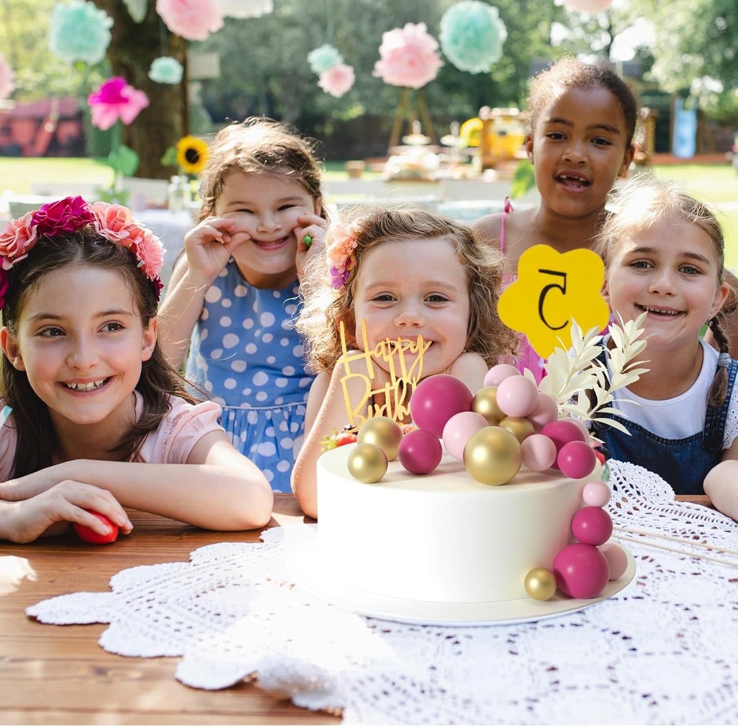 MIAHART Ball Cake Toppers Boho Grass Cake Topper Ball Cake Insert Decoration for Birthday Wedding Baby Shower Party Decorations Boho Themed Party Supplies (pink,gold,light pink)