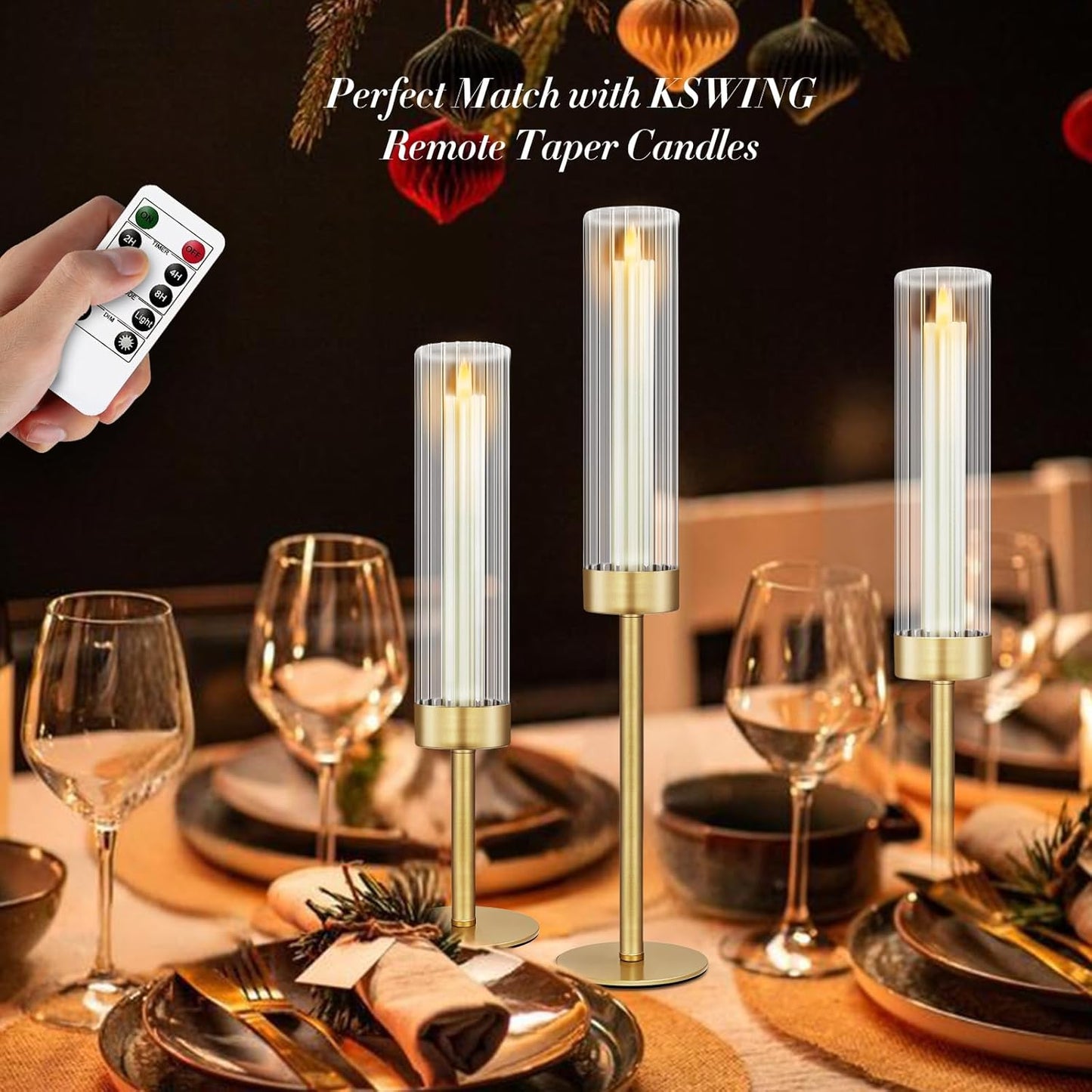 Glass Hurricane Candlestick Holders Gold, KSWING Set of 6 Taper Candle Holders Brass Tall Clear Candle Stand Holders, Perfect for Table Centerpiece Party Wedding Christmas Home Decor