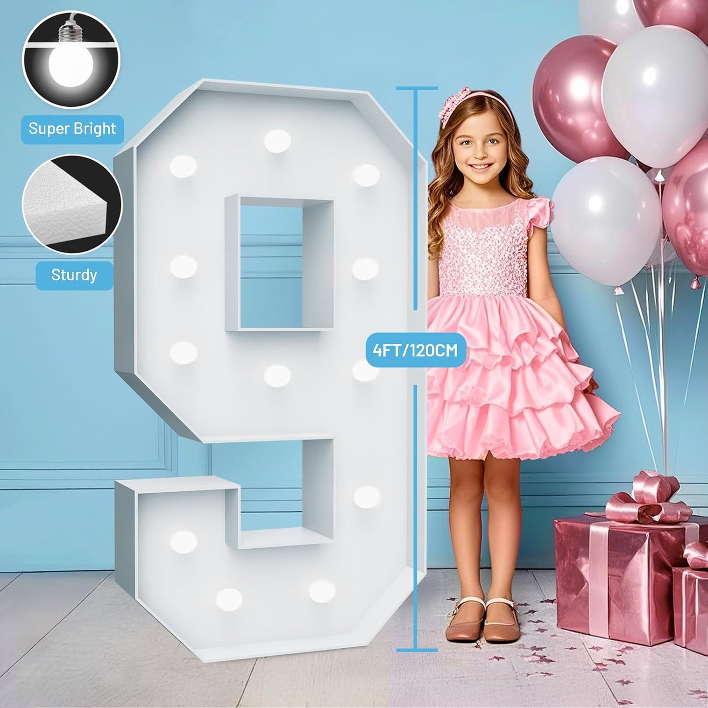 4FT Marquee Light Up Numbers - Cool White Light Up Numbers 9 with Fixed Water Bag, Party Decoration Large Marquee Light Up Numbers can Be Used for Wedding Decoration, Birthday Party Decoration