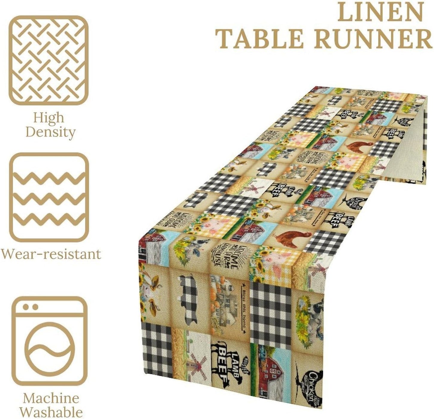 Farmhouse Animals Table Runner,Rustic Cabin Pig Chicken Cow Sunflowers Geometric Grids Burlap for Hotel Indoors Outdoor Dining Room Kitchen Holiday Party, 13x108in
