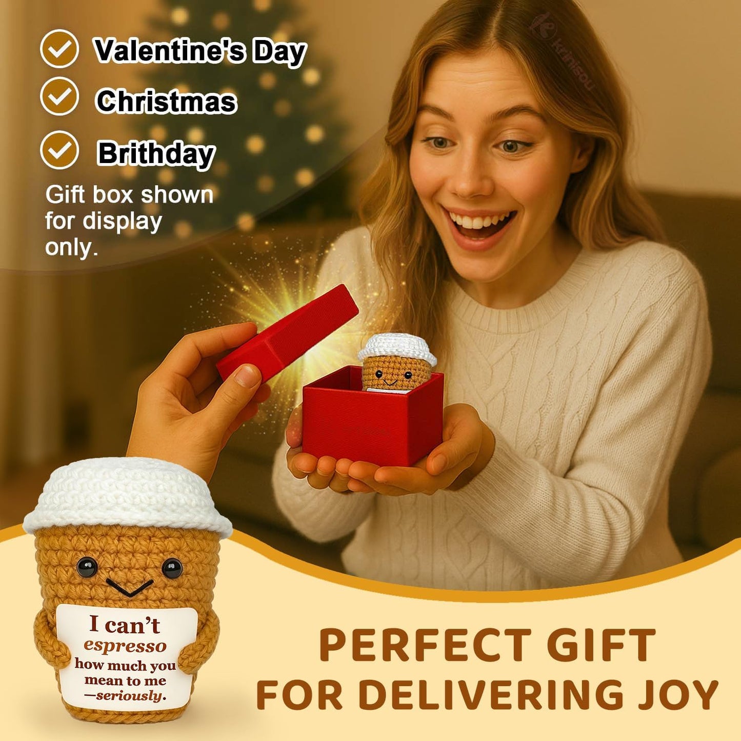 Coffee Lover Gift for Women Men, Cute Brithday Gifts for Boyfriend Girlfriend, Romantic Anniversary I Love You Gift for Him Her Couple, Positive Espresso Handmade Crochet