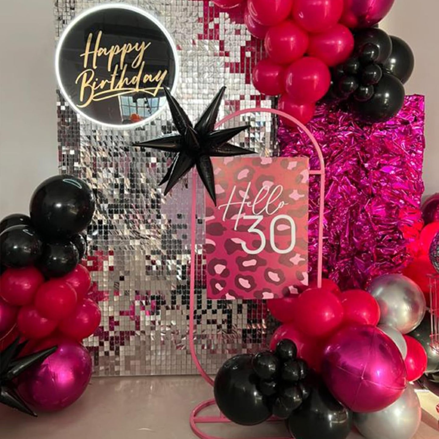 Paready Hot Pink and Black Balloons, 30 Pcs 12 Inch Black Hot Pink and Silver Latex Balloons with Ribbons for Girls Birthday Engagement Anniversary Wedding Bridal Shower Party Graduation Decoration