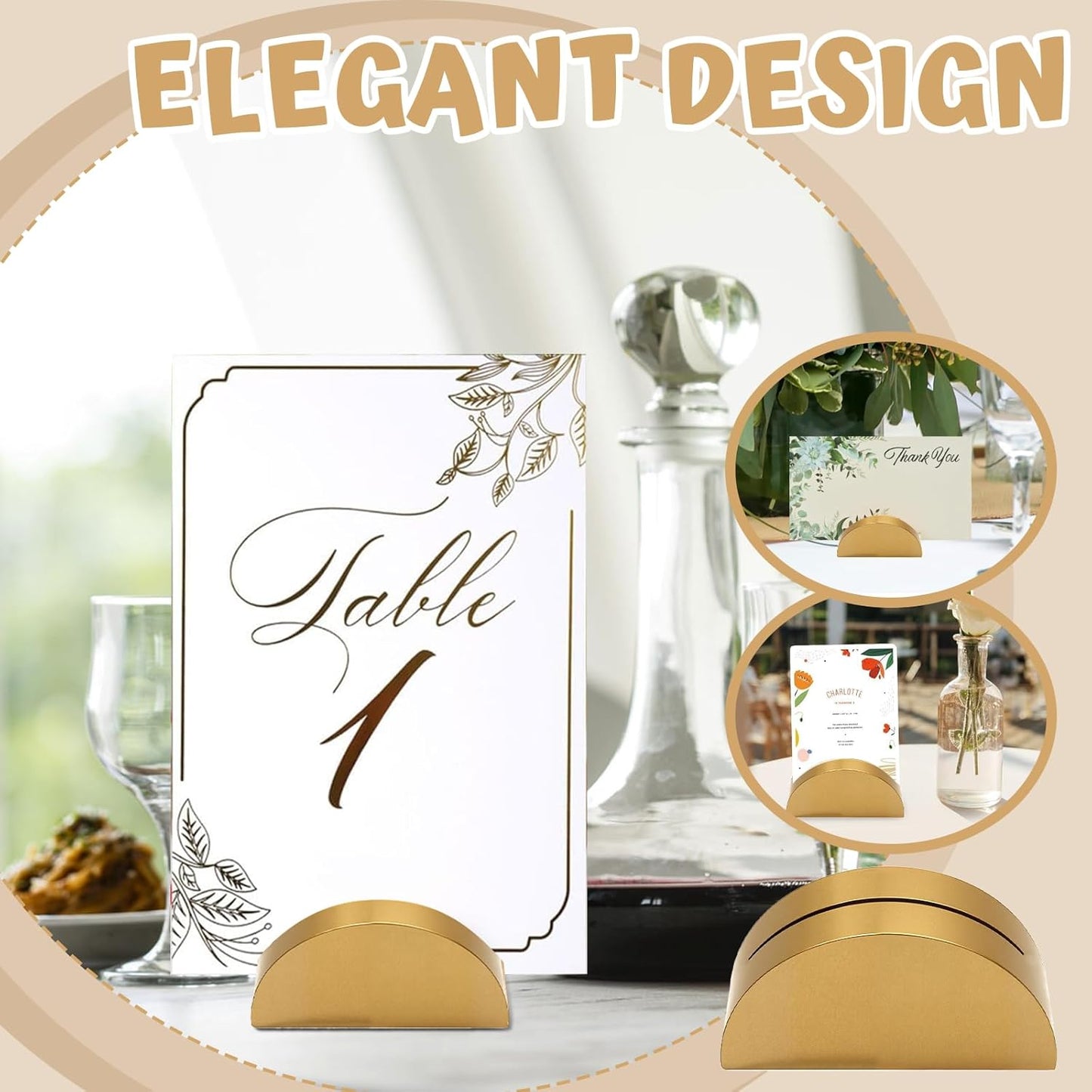 24 Pcs-6cm Table Number Stands, Wooden Semicircular Base - Wedding Place Card Holders, Restaurant Menu & Photo Holders for Tables Lightweight Indoor Design Office Tag Clips Banquet Birthday Party (gold)
