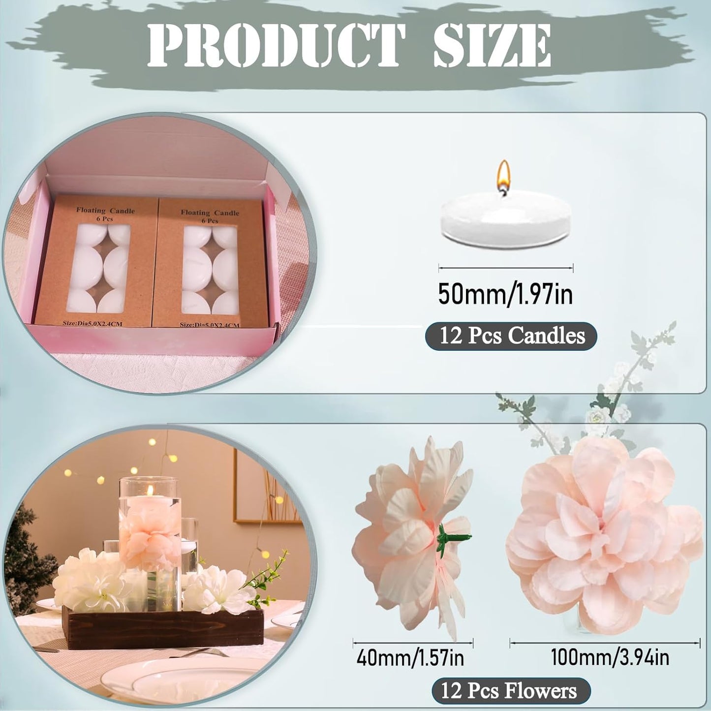 24 Pcs Floating Candles for Centerpieces and Floating Flowers Artificial Flowers Head Vase Filler for Party Home Table Wedding Centerpieces Decoration (Pink)