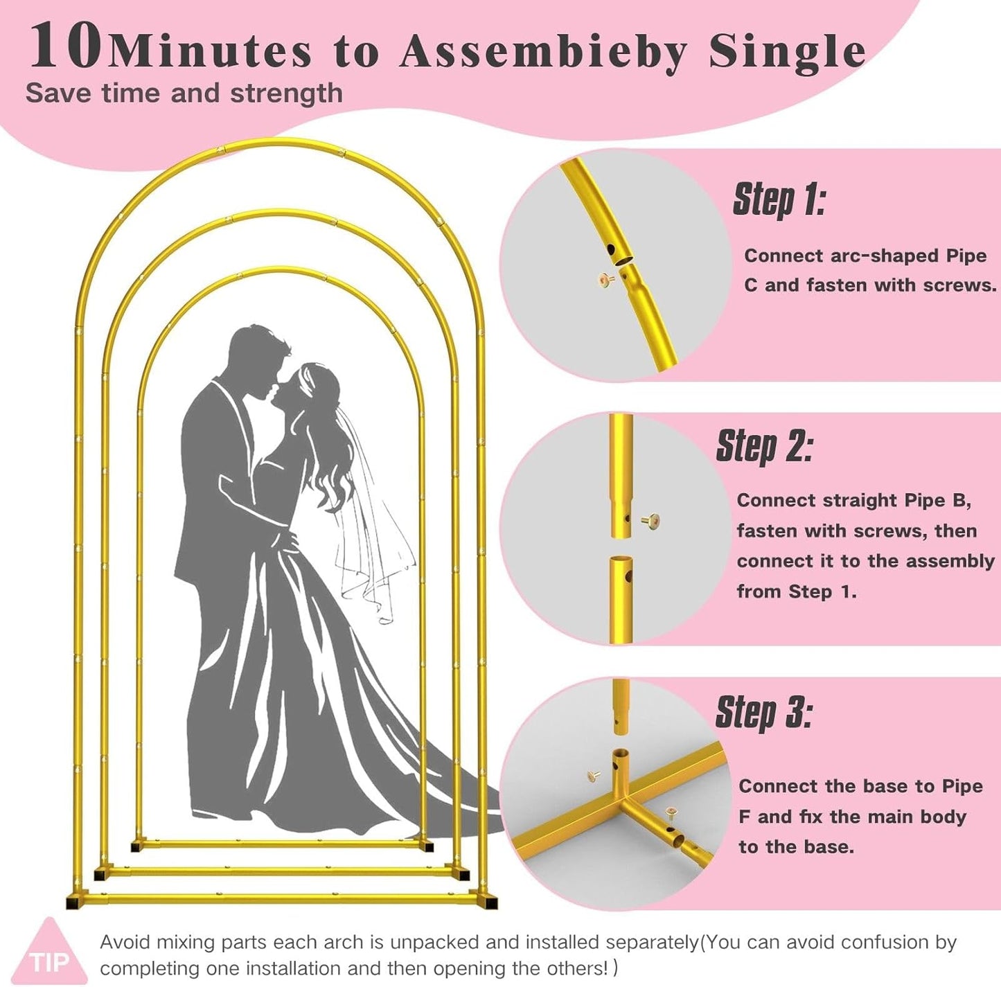 Metal Arch Backdrop Stand ,Set of 3 (7.2 ft/6.6 ft/6 ft) Square Wedding Arch Frame ，Gold Balloon Arch Stand for Wedding/ Birthday Party/ Baby Shower/ Graduation Ceremony Banquet Decoration