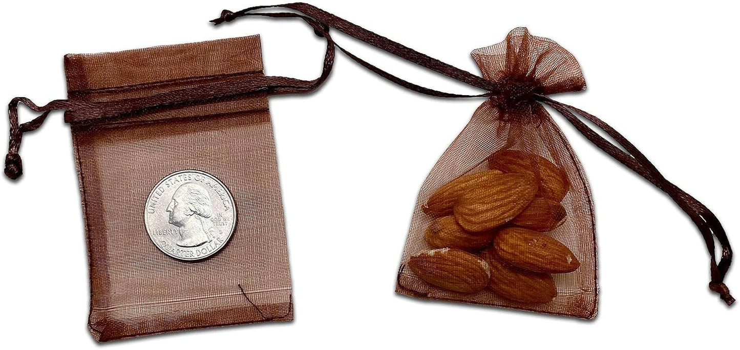 TheDisplayGuys 48-Pack 2" x 2-3/4" Brown Sheer Organza Gift Bags with Drawstring, Goodie Bags for Jewelry, Candy Bags, Treat Bags, Wedding Favors Small Mesh Bags