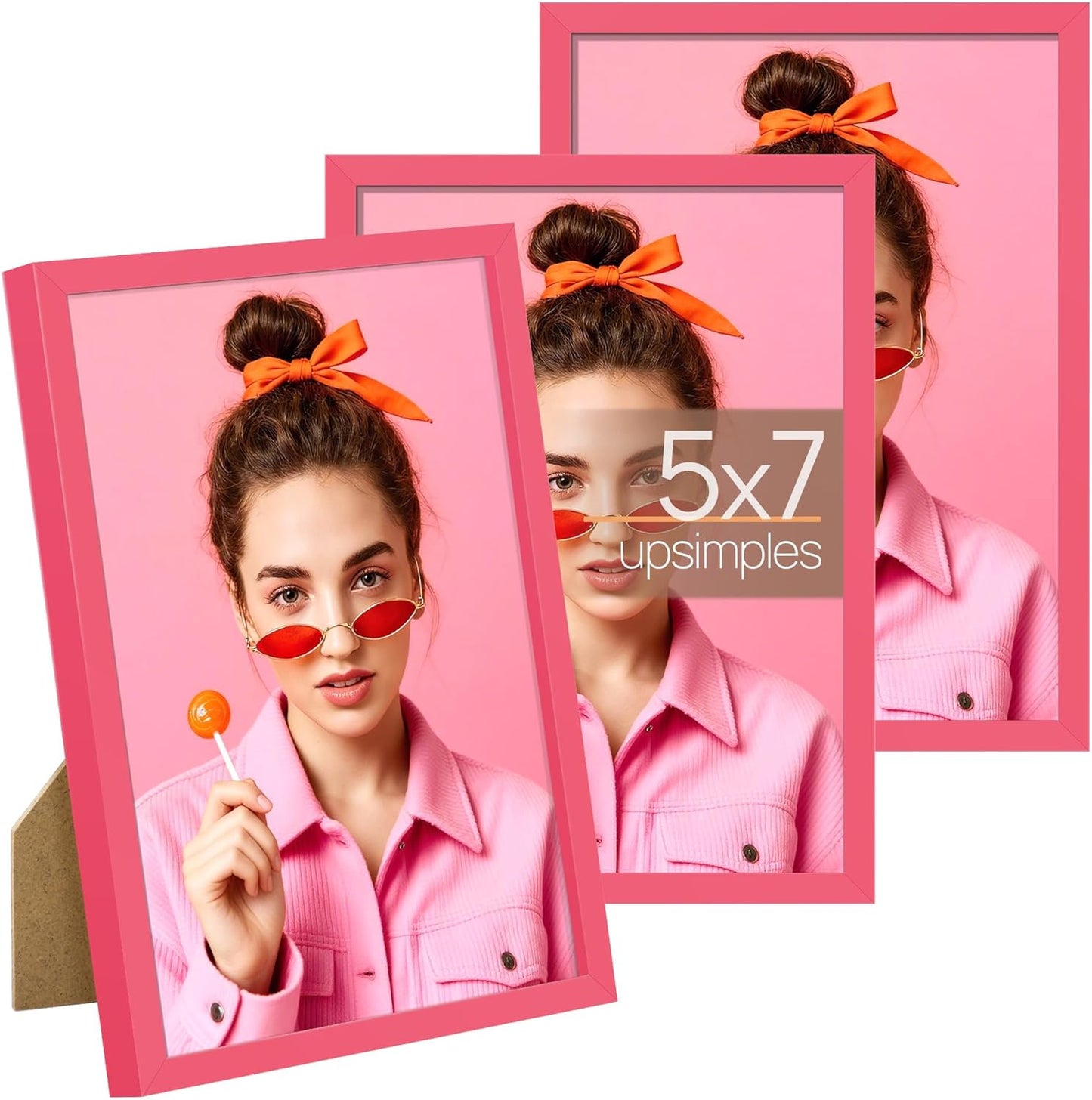 upsimples 5x7 Picture Frame Set of 3, Made of High Definition Glass for 5 x 7, Wall and Tabletop Display Thin Border Photo Frames for Home Decor, Pink