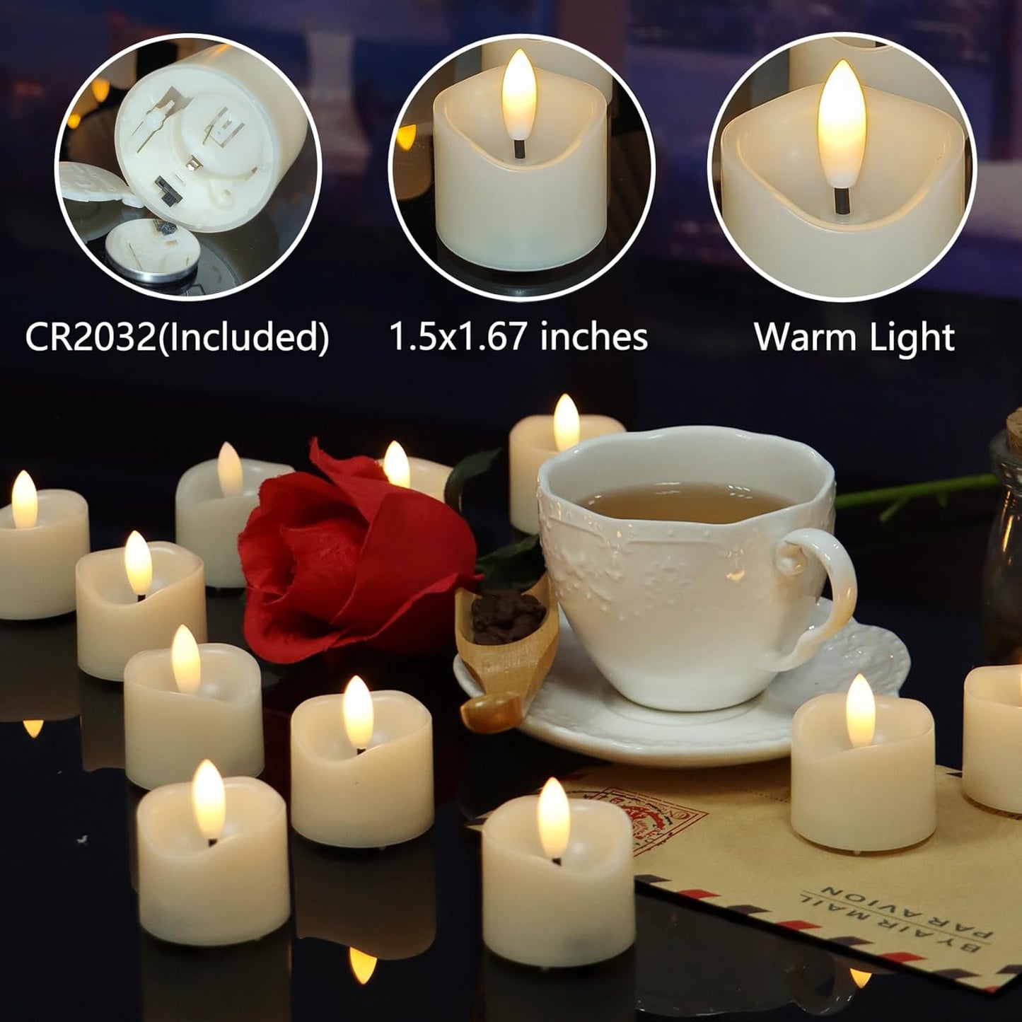36 Pack Battery Operated Votive Candles 1.5 x 1.67 inches Flameless Votive Tealights Black Wick Tea Lights LED Electric Fake Candles Realistic for Wedding Christmas Thanksgiving Party Decoration
