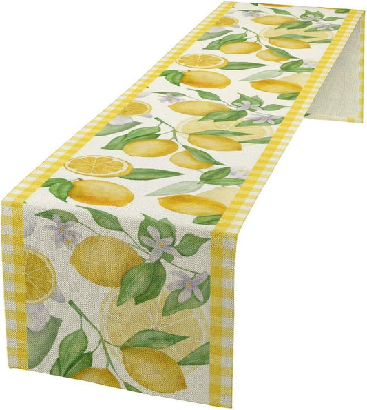 Lemon Table Runner,Yellow White Buffalo Plaid Summer Table Runner for Kitchen Dining Table Home Party Decoration 13x60 Inch