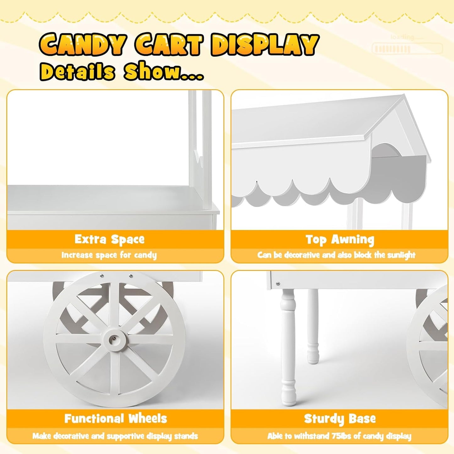 7FT Candy Cart Display Stand with Decorated Wheels, Dessert and Party Decoration Cart with 100 Ballons, Easy to Install Vintage for Parties, Birthdays, Weddings, (White)