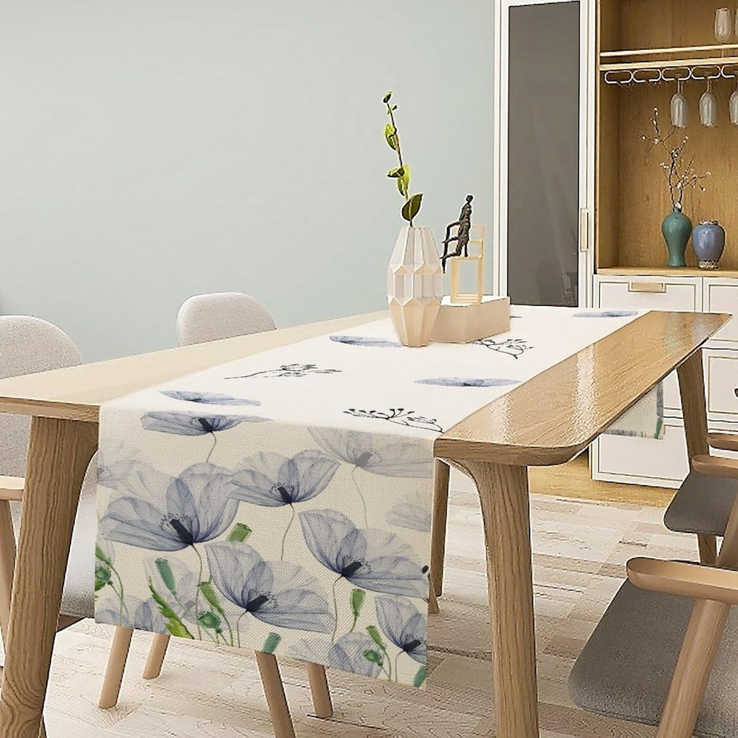 Watercolor Poppy Floral Table Runner, Abstract Seasonal Spring Summer Blue Purple Flower Kitchen Dinning Table Runner for Indoor Outdoor Home Wedding Party Holiday, 13x120 Inch