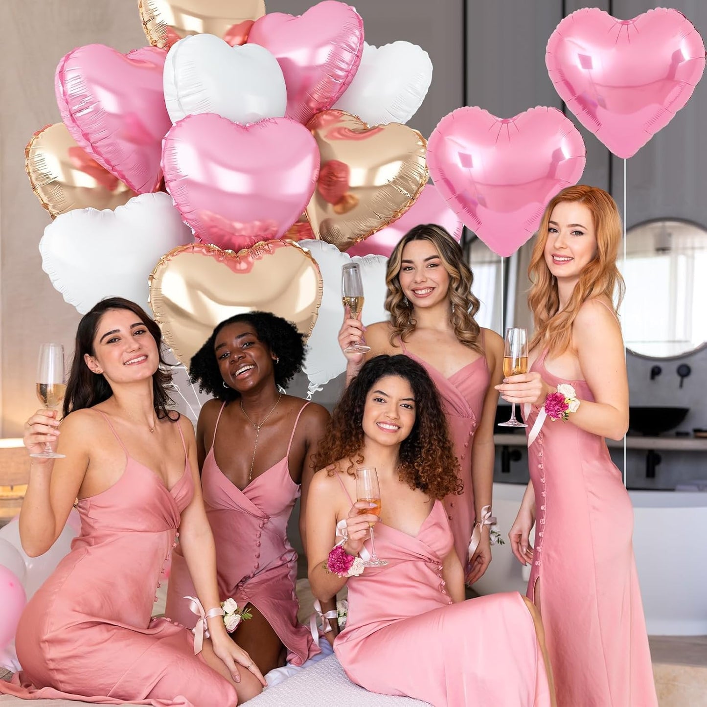 Pink White Heart Balloons,12Pcs Rose Gold Heart Shaped Foil Balloons,18Inch White Rose Gold Helium Polyester Film Balloon for Valentine's Day Birthday Engagement Wedding Party Decorations
