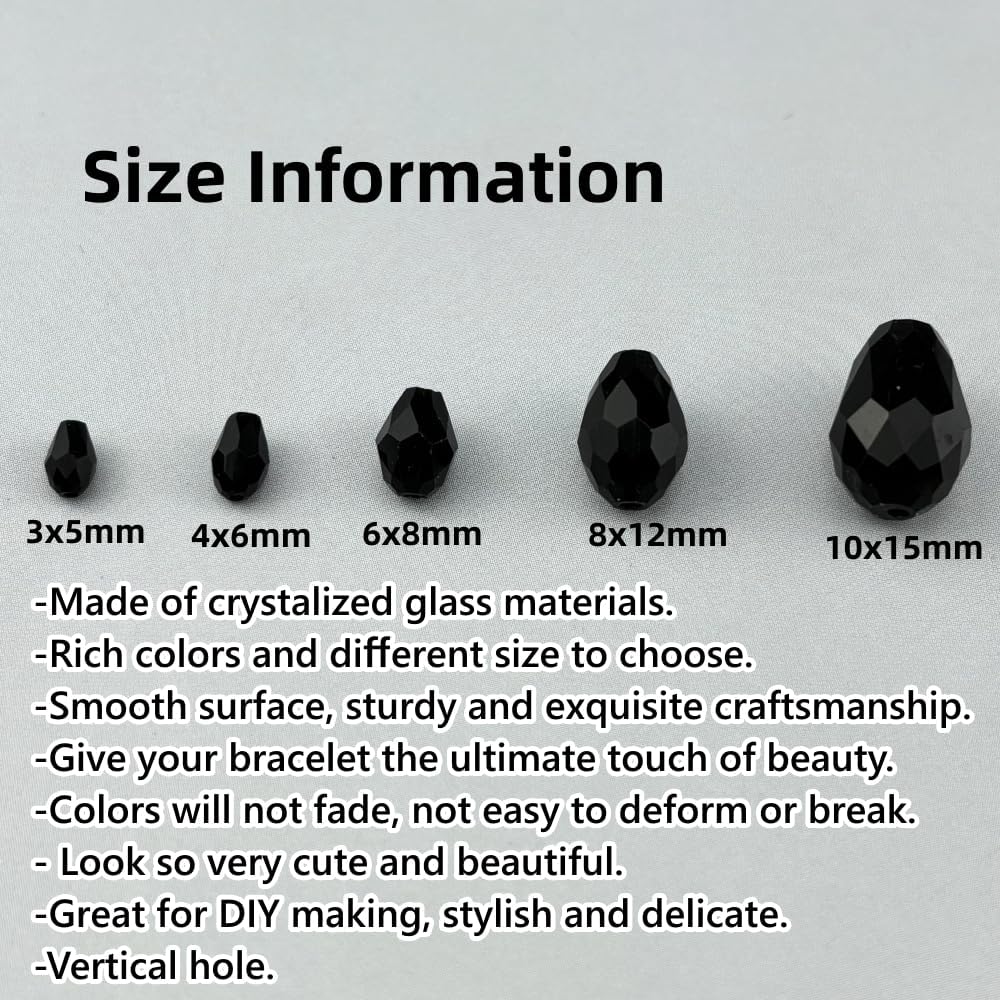 50pcs 10x15mm Teardrop Crystal Glass Beads for Jewelry Making, Faceted Vertical Hole Teardrop Glass Spacer Beads for Wind Chimes Bracelet Earring Necklace DIY Craft(Black)