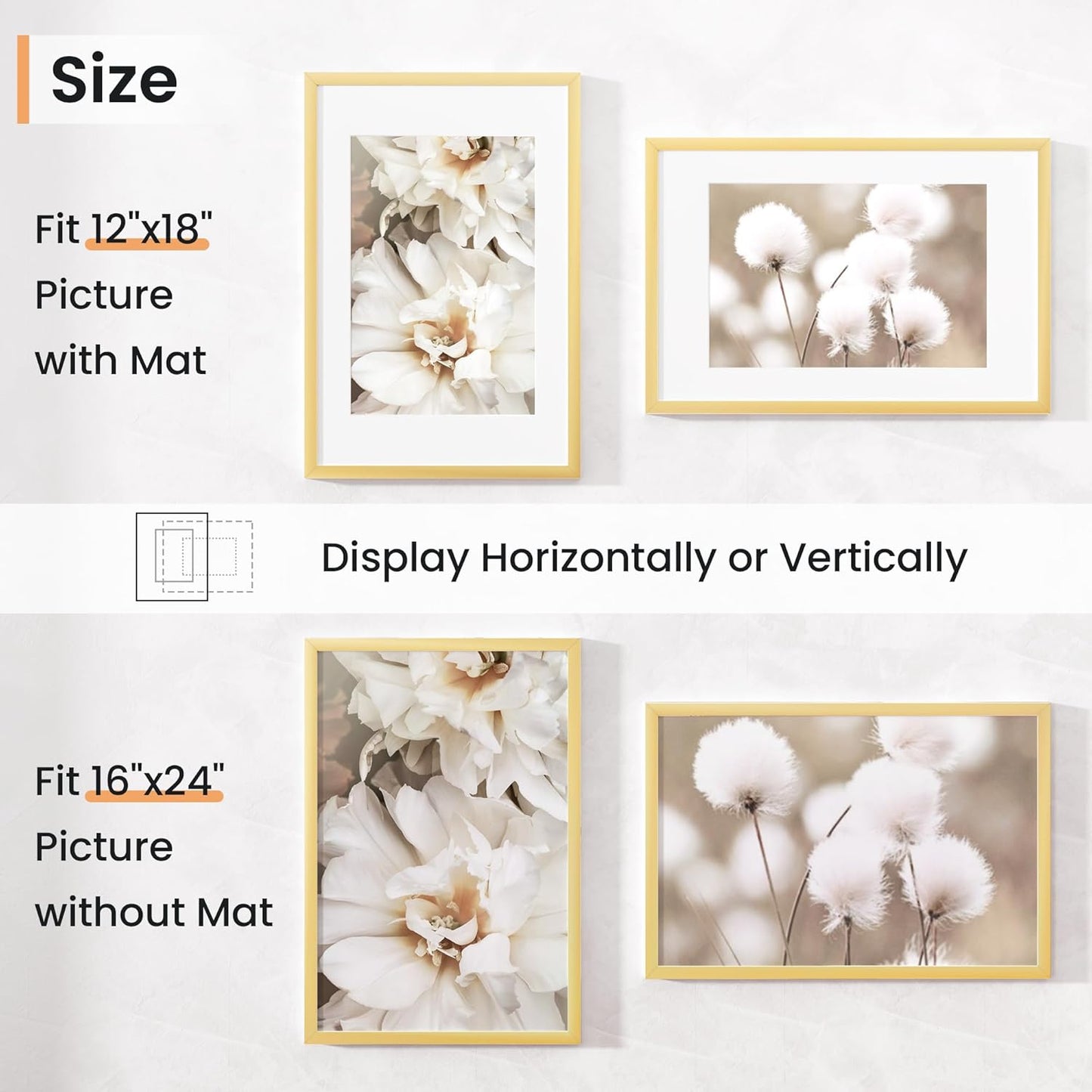 16x24 inch Picture Frame, 16x24 Photo Frames with 12x18 Removable Mat - High Definition Plexiglass - Vertical and Horizontal Display - Wall Hanging Poster Frame - Gold, 3 Pack