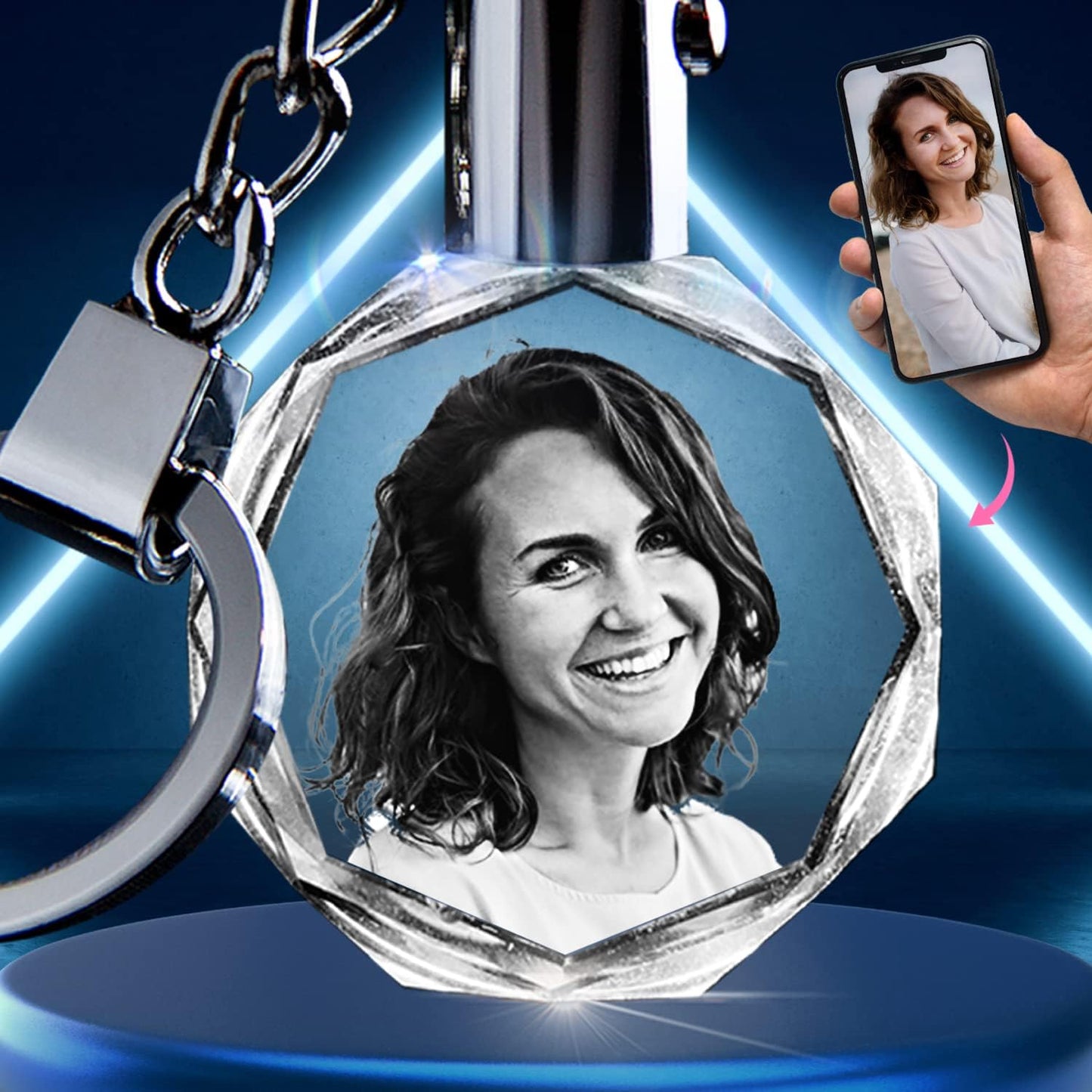 3D innovation Personalized Crystal Keychain Photo with LED Light Custom Laser Etched Key Chain, Valentines Gifts Keepsake