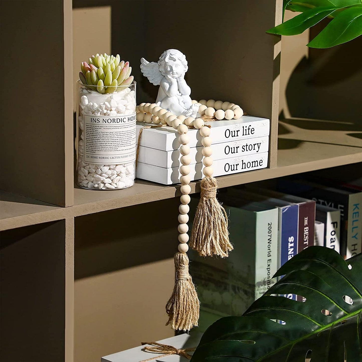 DECORKEY Farmhouse Wood Beads Garland, 2 Pack 58 Inch Wooden Beads for Boho Home Decor with Tassels, Rustic Country Decor for Coffee Table, Wall, Shelf, Tray, Vase, Living Room, Bedroom