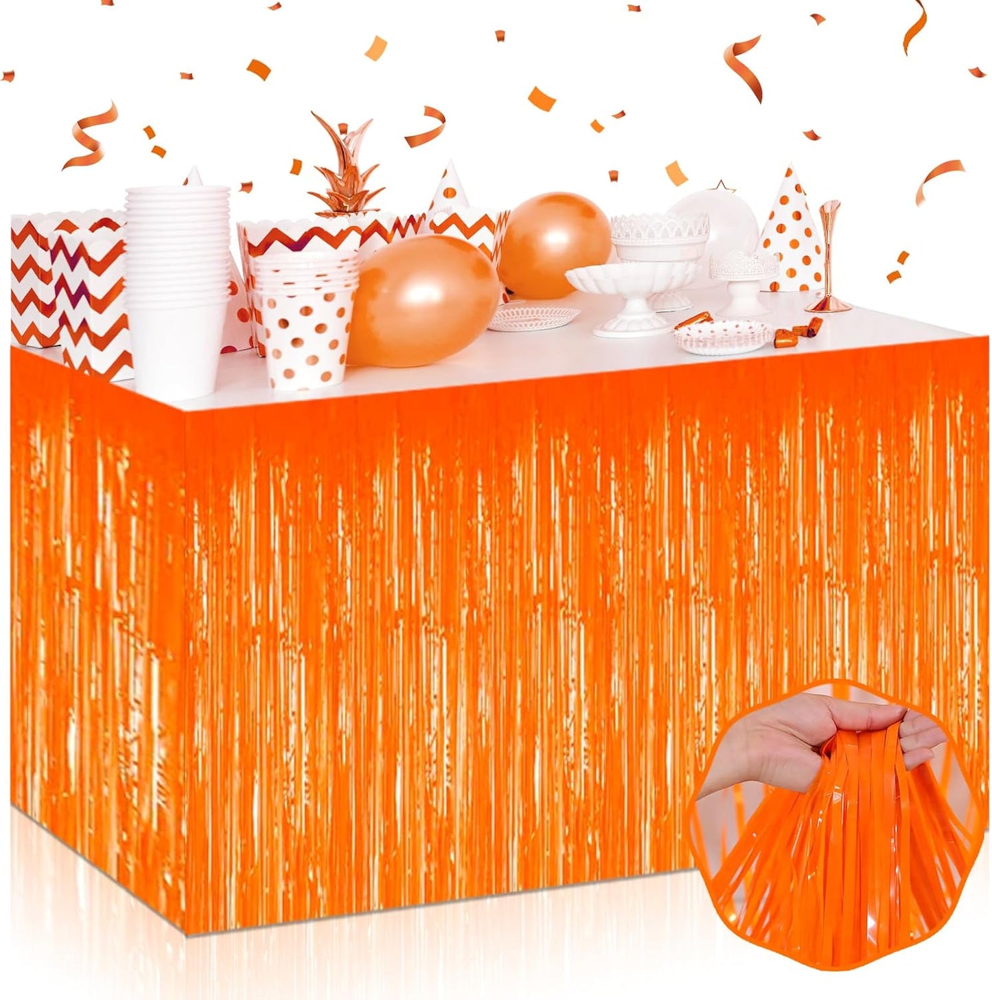 3 Pack 29 x108 Inch Macaron Orange Foil Fringe Table Skirts Metallic Banner for Tinsel Streamer Garland Backdrop for Parade Floats Wedding Thanksgiving Birthday Christmas New Year Party Decoration