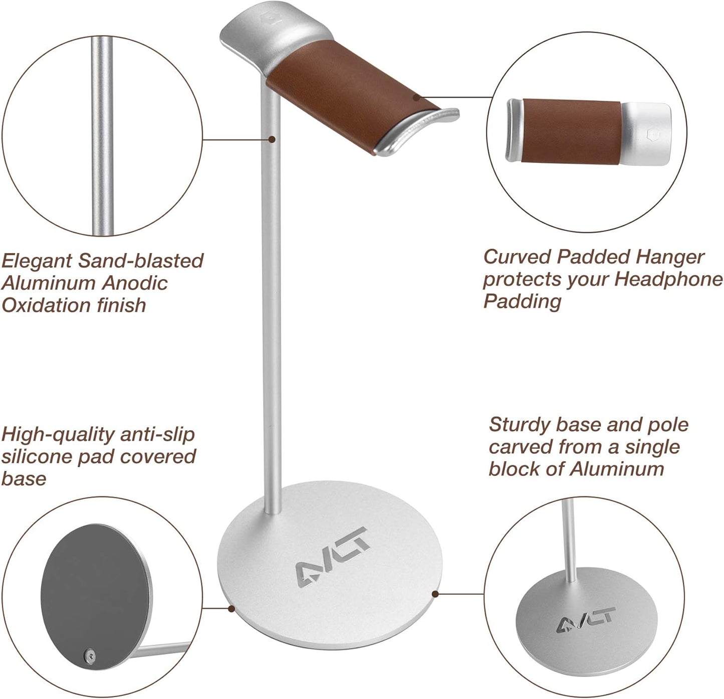 AVLT Universal Slim Aluminum Alloy Desktop Headphone Stand Anti-Slip Headset Display Organizer Hanger Rack Holder - Brown