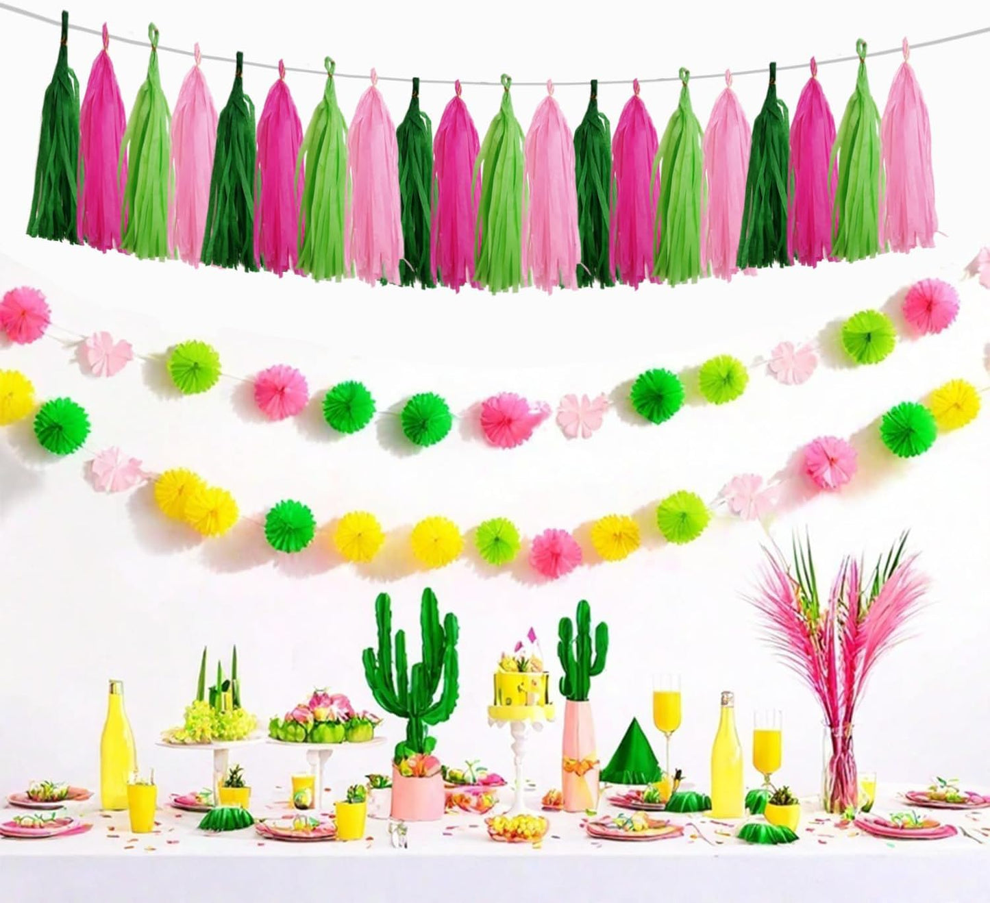 GAKA Pink and Green Paper Tassel Party Tassel Garland Banner for Theme Party Birthday Wedding Decorations,20 PCS