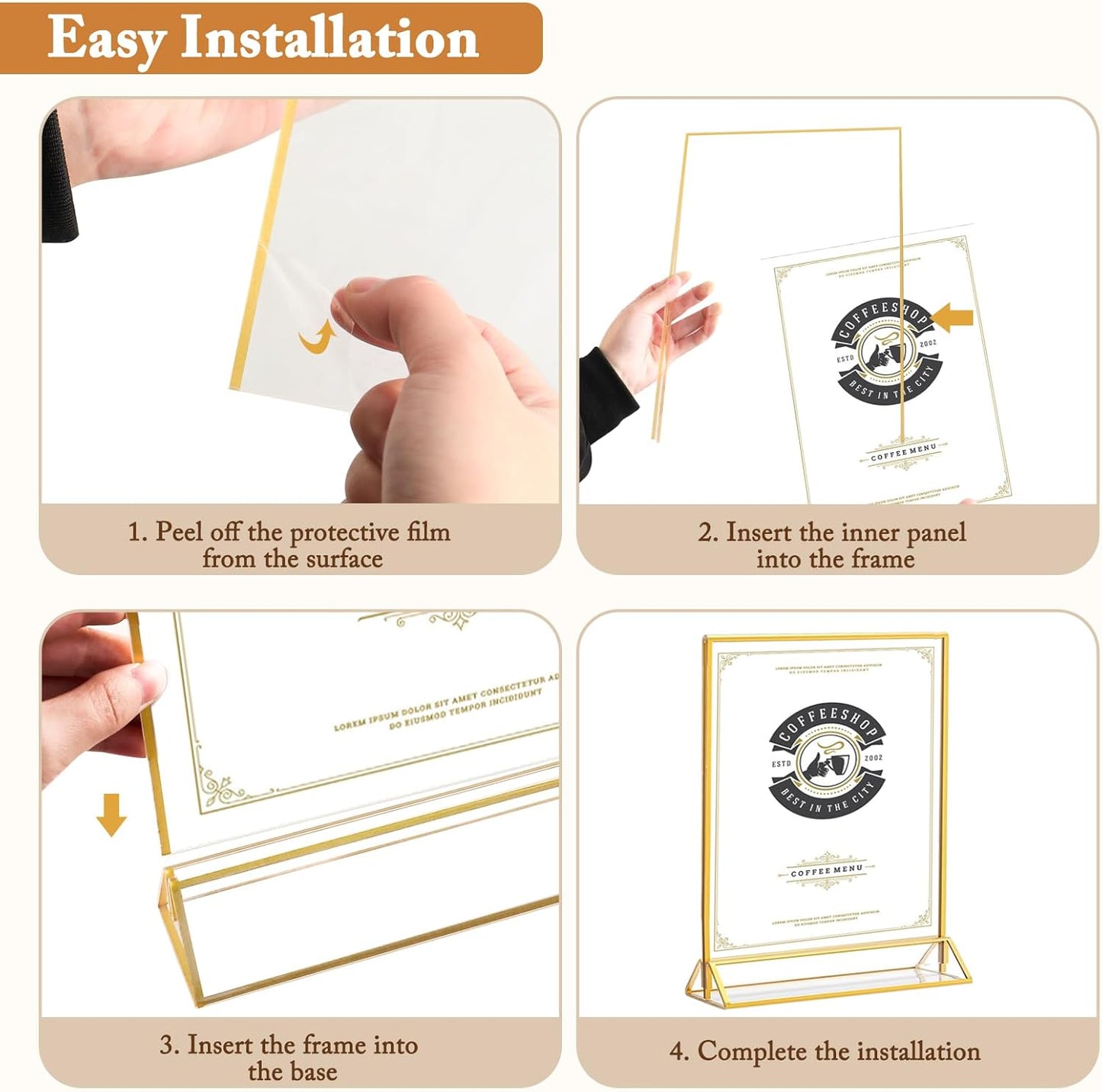 Floroom 6 Pack 8.5x11 Inch Clear Acrylic Sign Holders, Double-Sided Gold Display Stand Picture Frames for Table Numbers, Menus, Flyers, Weddings, and Offices