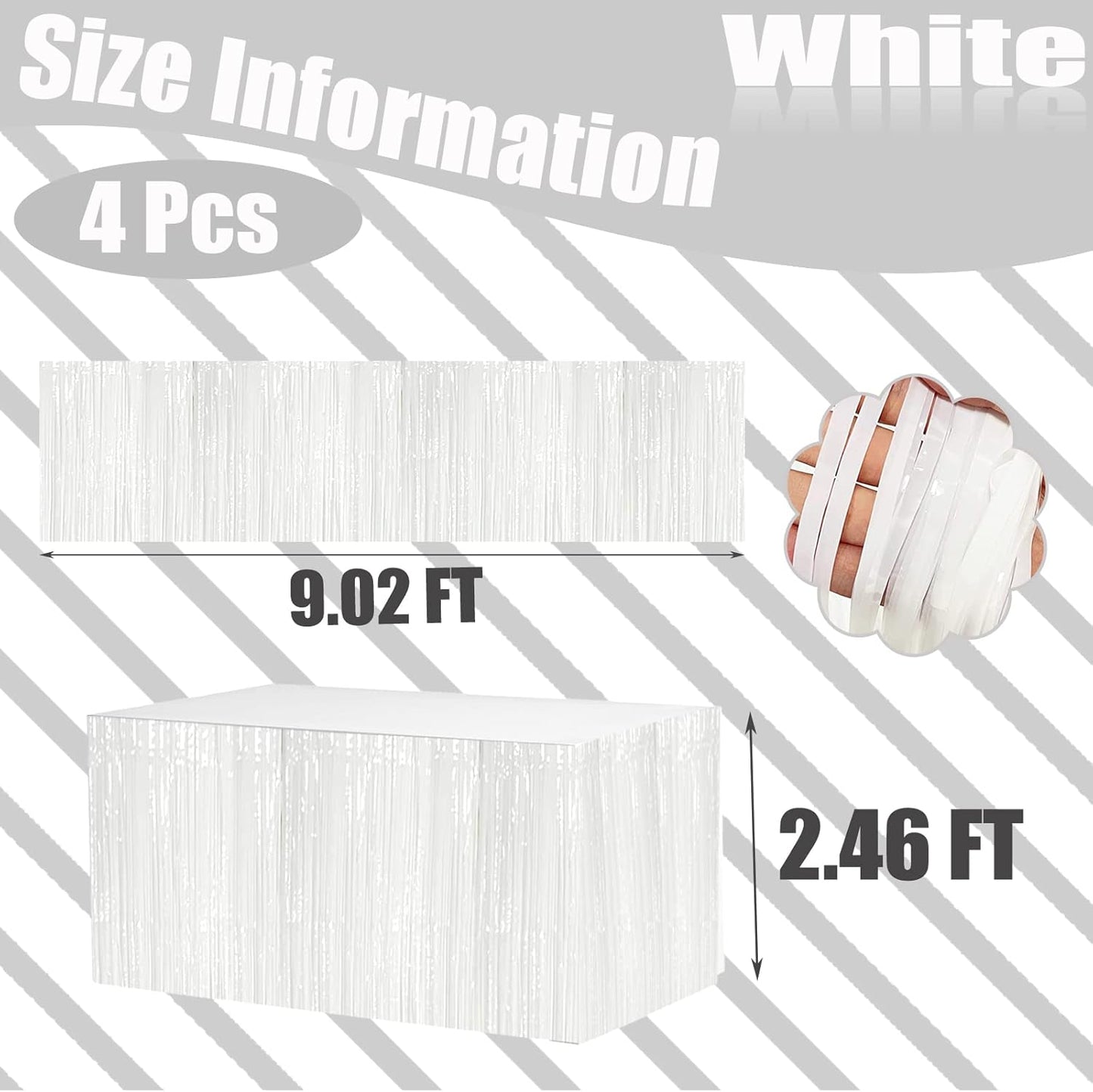 4 Pack 29x108 Inch Metallic Foil Fringe Tinsel Table Skirts for Rectangle Tables Streamer Curtains Backdrop for Wedding, Birthday, Parade Floats, Christmas, Halloween Party Decoration(White)