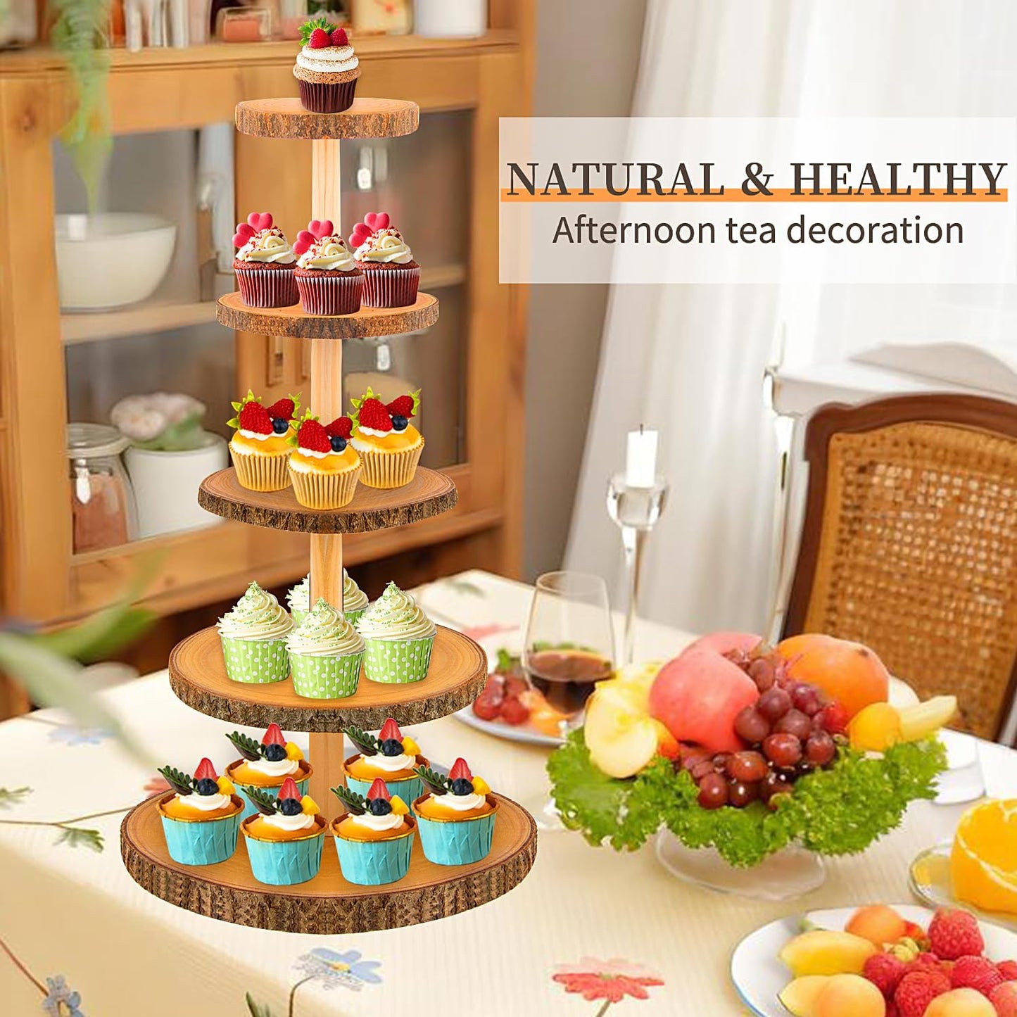 5-Tier Rustic Wooden Cupcake Stand - Large Capacity Display Stand for Woodland Baby Showers, Weddings, Birthdays, Parties, and Farmhouse Decor.