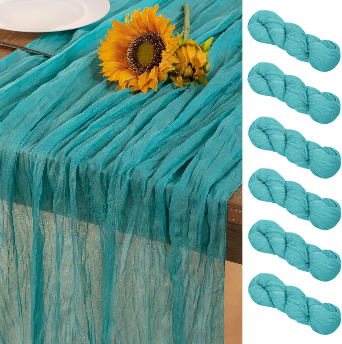Teal Green Cheesecloth Table Runner 6 Pack Fall Table Runners Boho Gauze 120 Inches Turquoise Cheese Cloth Fall Table Decorations for Thanksgiving Wedding Bridal Baby Shower Tea Party Decor