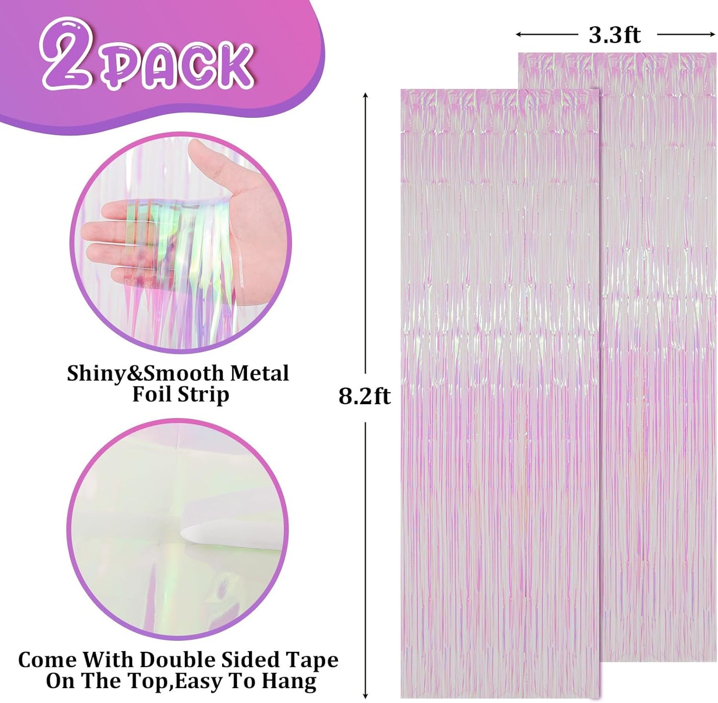 2 Pack Iridescent Transparent Foil Fringe Backdrop Curtains, Tinsel Streamers Birthday Party Decorations, Fringe Backdrop for Graduation, Baby Shower, Gender Reveal, Disco Party