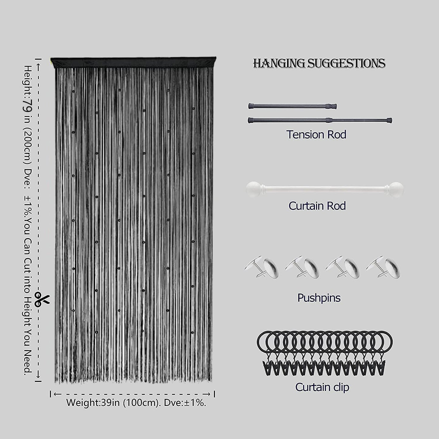 Beaded Curtain Beads Door String Curtains Ideal for Living Room Decor Wall Hanging Fringe Doorway Divider Bedroom Backdrop Hippie Window Closet Privacy Rod Pocket Dense (100x200cm,Black)