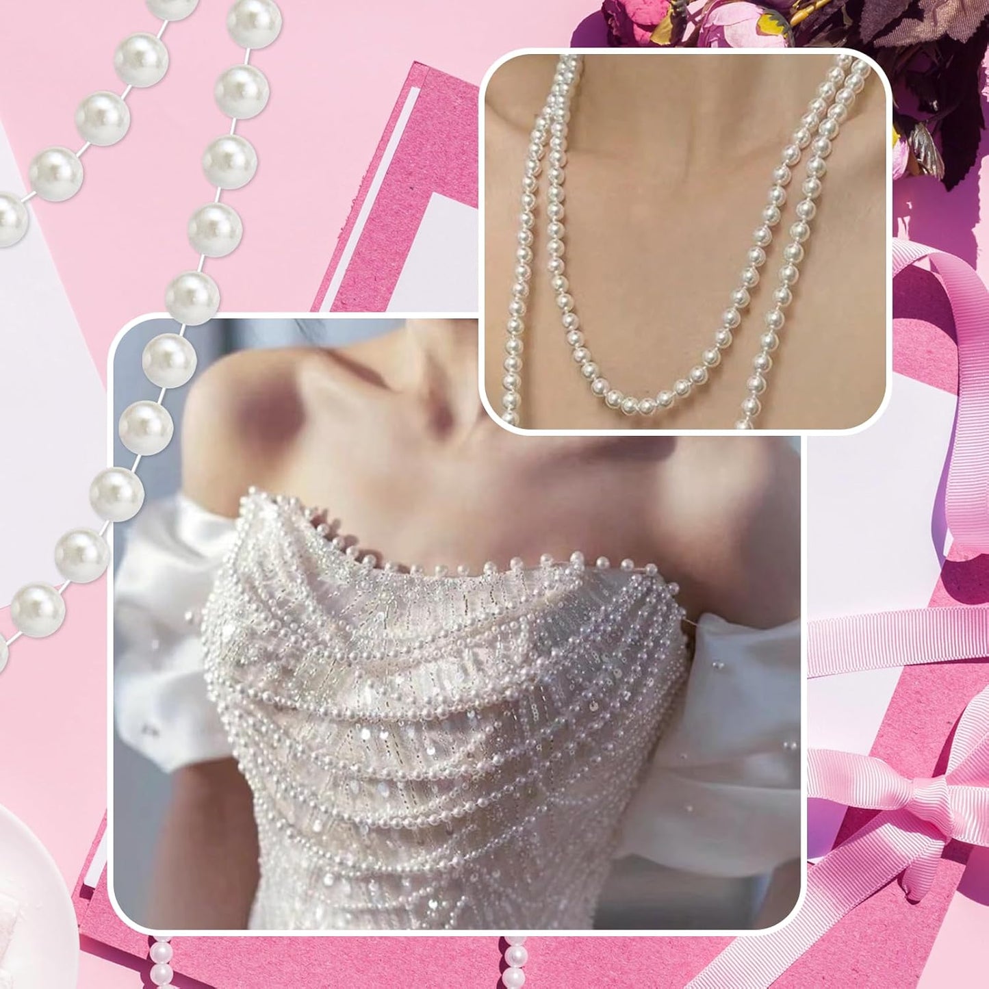 99 Feet 5mm Faux Pearl Strings Garland Artificial Pearl Beaded Trim Chain Strands for Crafting Wedding Centerpieces Bouquet Party Decoration Christmas Tree Garland, Ivory