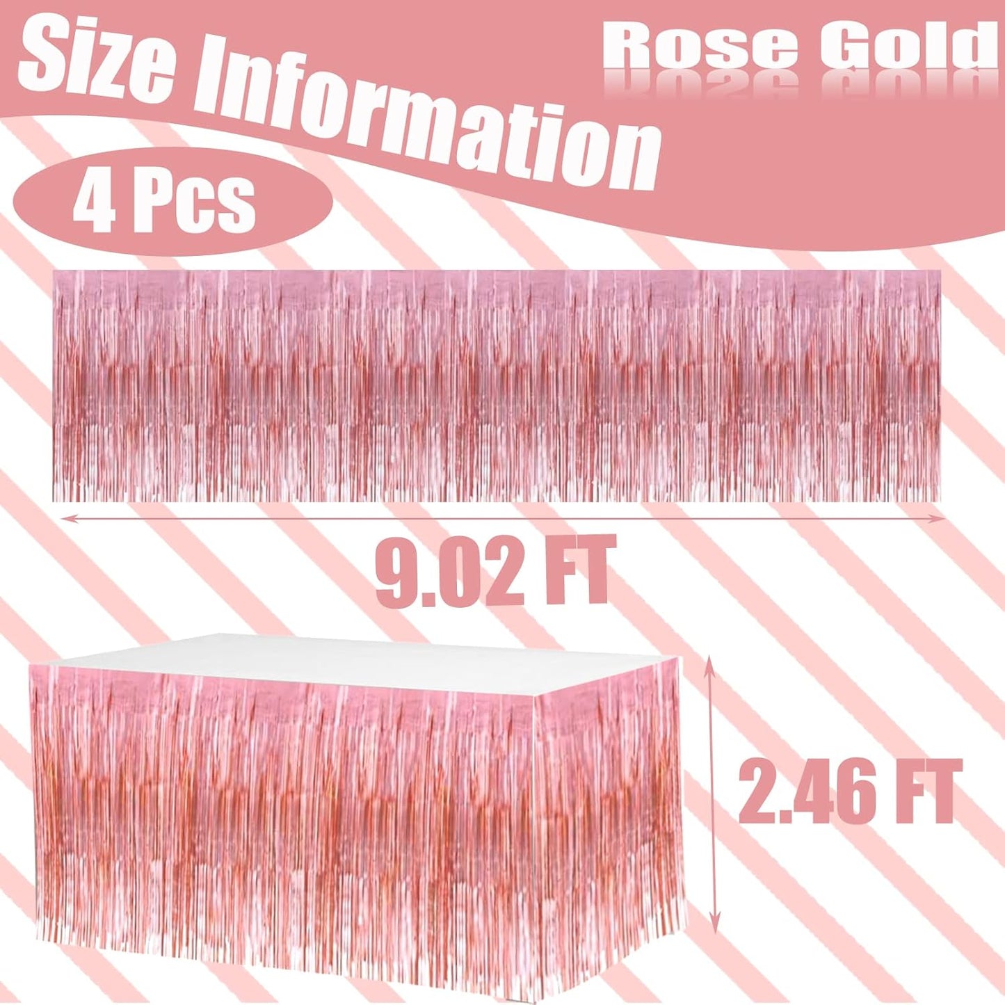 4 Pack 29x108 Inch Metallic Foil Fringe Tinsel Table Skirts for Rectangle Tables Streamer Backdrop for Wedding, Birthday, Parade Floats, Christmas, Halloween Party Decoration(New Rose Gold)