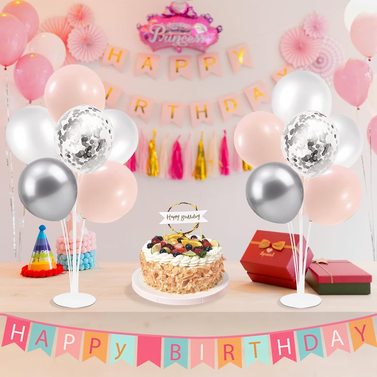 Pink and Silver Balloon Stand Centerpiece Table Decorations for Baby Shower Wedding Engagement Bridal Shower Anniversary Mother's Day Birthday Party Decorations(Pink silver set4)