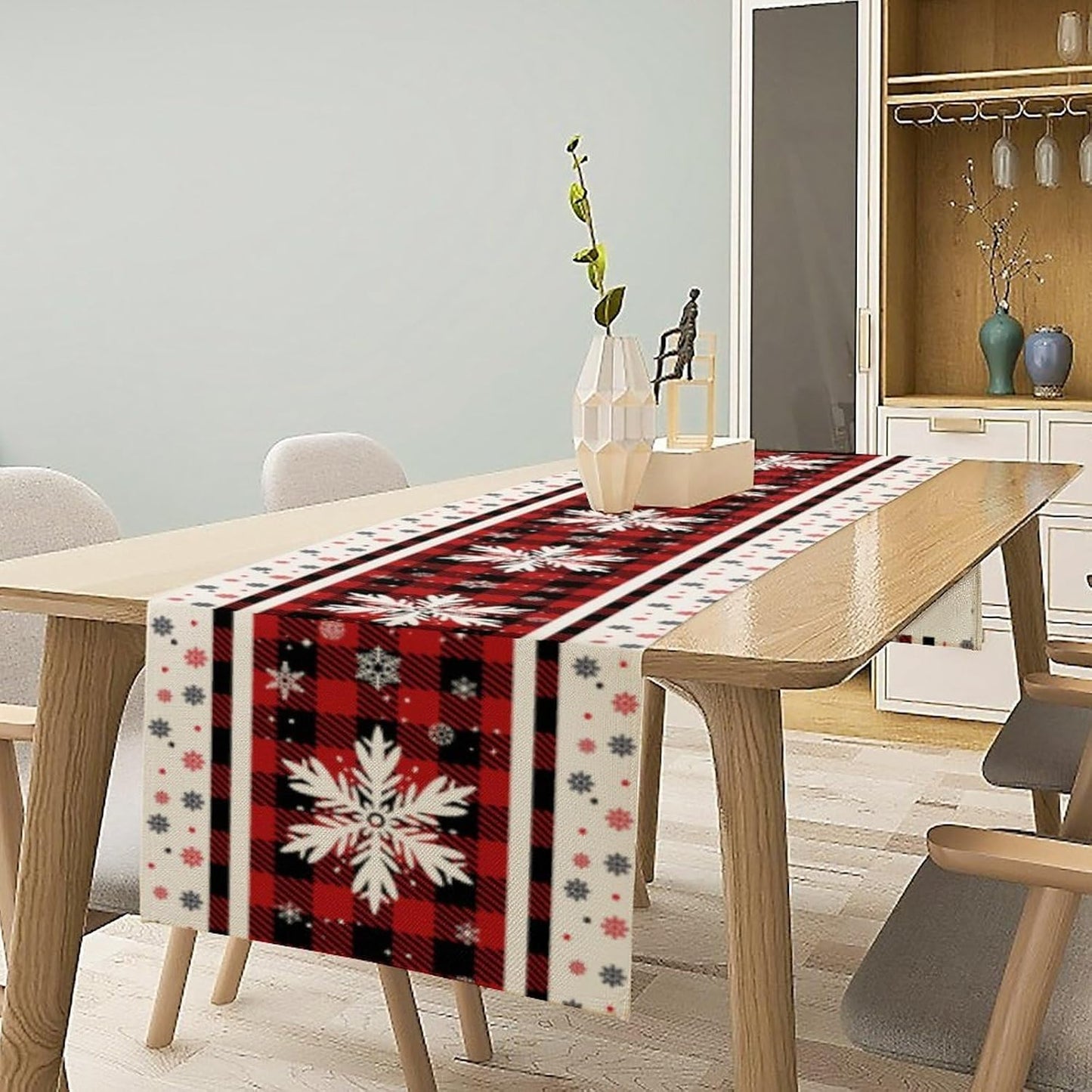 Snowflakes Christmas Table Runner,Red Buffalo Plaid Seasonal Winter Kitchen Dining Table Decoration for Home Party Decor 13x60 Inch